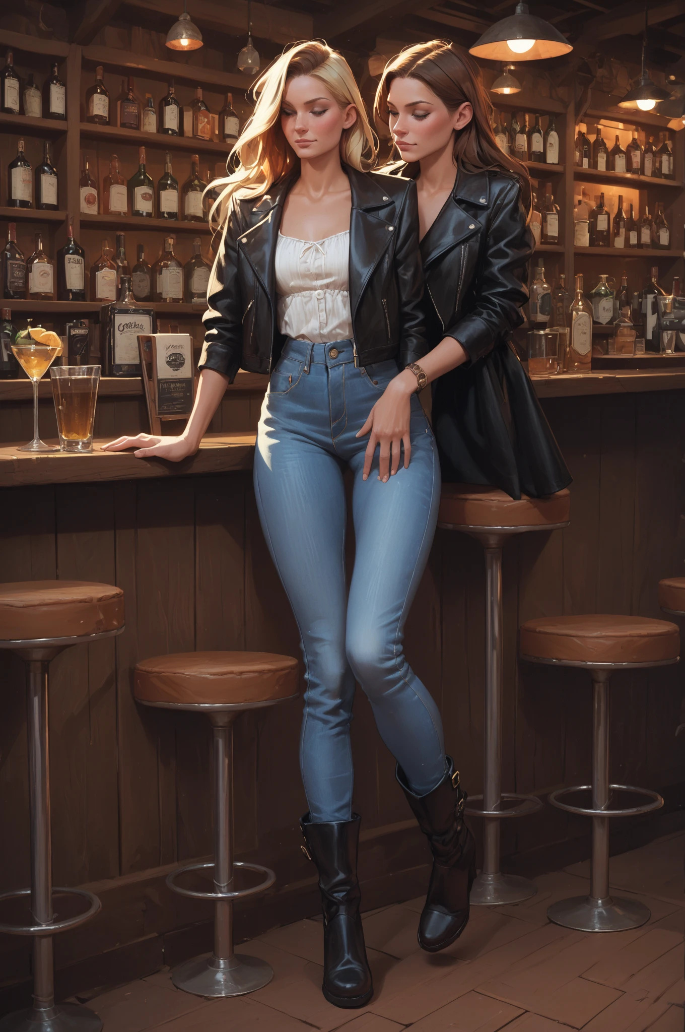 (((side view))), two attractive women, one blonde wearing black skinny jeans, one redhead wearing dark blue skinny jeans, high heel pumps, white blouse, standing in a crowded bar,  wetting, big smile,  stains are gleaming wet, bright lighting