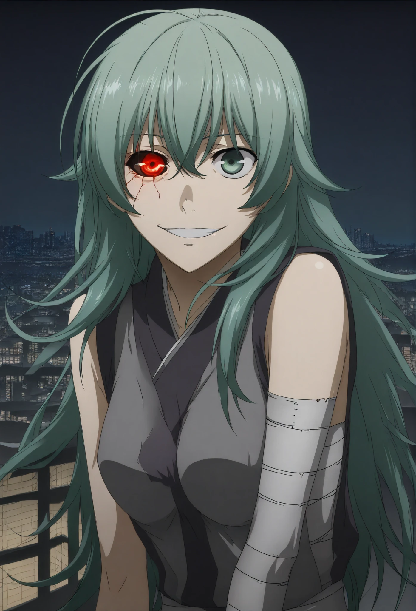 masterpiece, best quality, perfect details, anime screencap,  <lora:eto-yoshimura-illustrious:1>, eto-oa, long hair, green hair, green eyes, heterochromia, (ghoul eye:0.9), portrait, (body bandages:0.7), messy hair,  mouth, slight smile, teeth, night, cityscape cyn