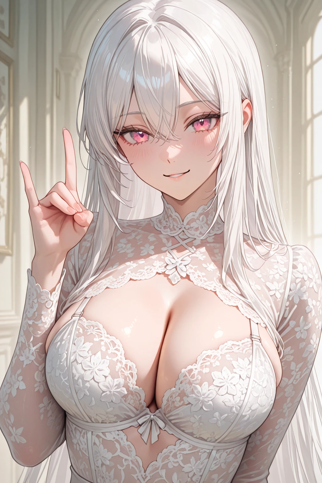 nafw,(2 girls),(duo),breast,absurdres,best quality,very aesthetic,absurdres,bra,(light silver White hair),太もも,(purple),(straight-on),(long hair),(gown),(bare breasts),(huge),(double v)