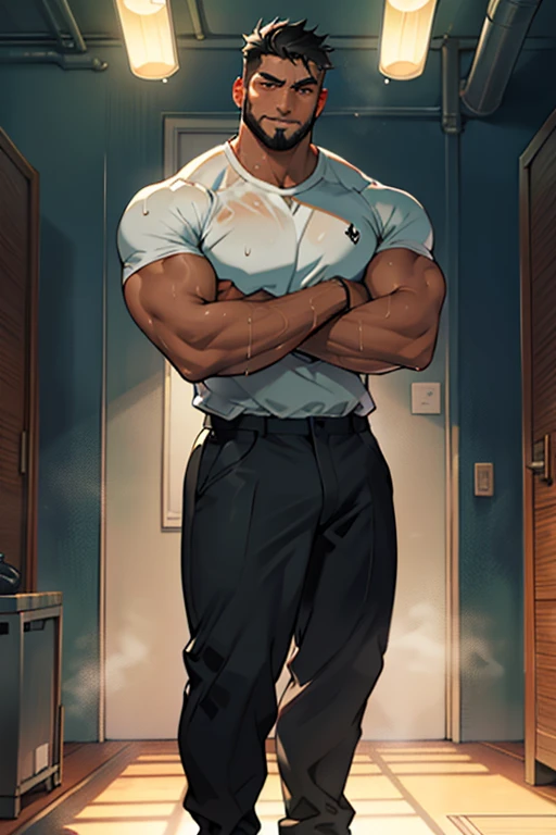 Ruggedly handsome older man, , wearing tight boxers,  chest, tousled hair. Dominant, Confident, gentleman, sexy, solo shot, office