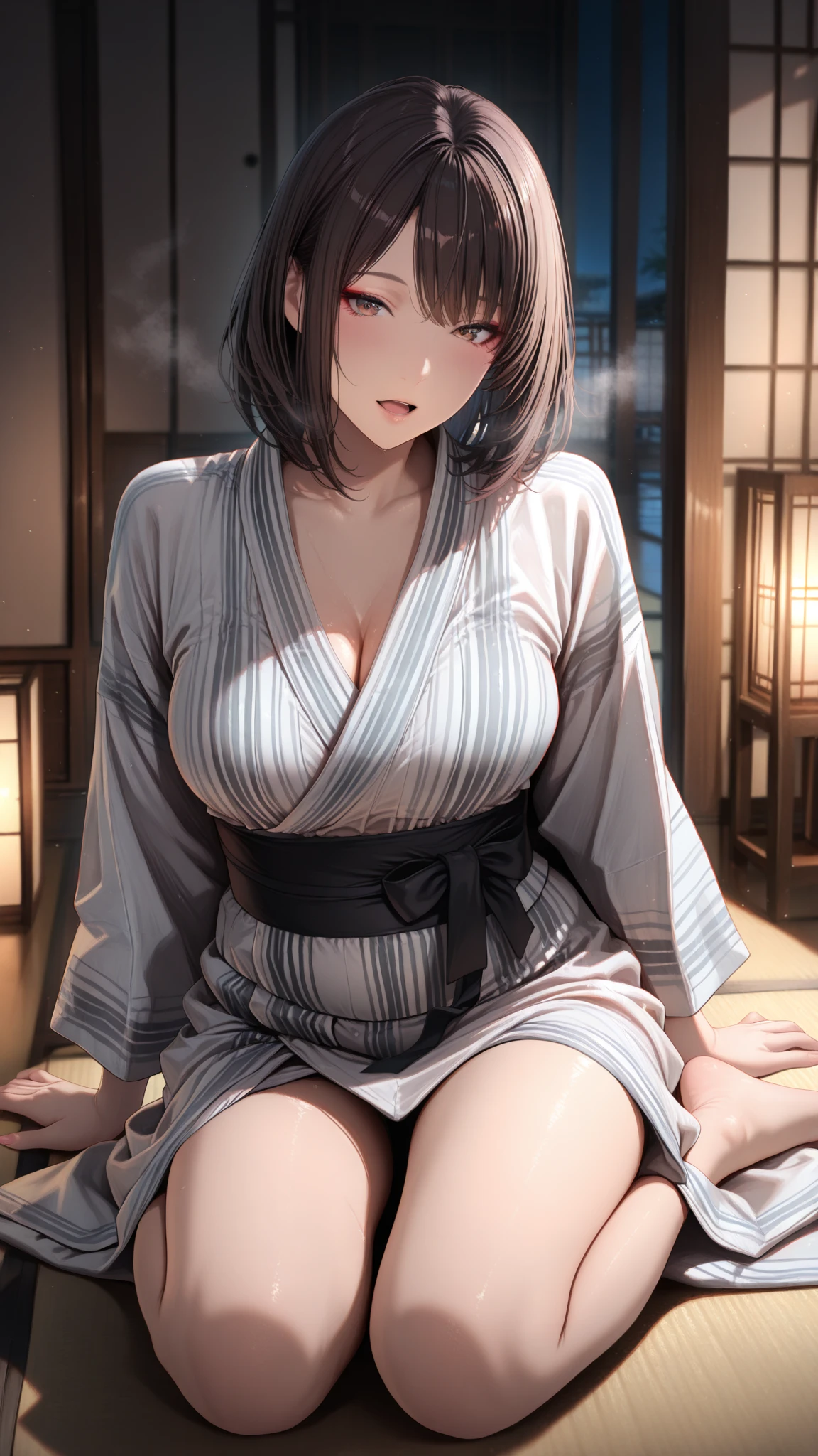 (Masterpiece:1.2, 8k, RAW photo, High Quality, High-Detailed, Detailed CG, Cinematic Lighting, Photorealistic Lighting, Beautiful Detailed Eyes, Ultra Resolution), (Erotic Suggestiveness:1.0), (Sleepwear Dress:1.5), (Erotic Dress:1.0), (Exposed Breast:1.0), (Anime Style:1.3), (Anime Female:1.0), Large Breast, Feet, NSFW, Five Finger, Dark Hair, Purple Hair, Long Hair, Detailed Hair, Silver Eye, Drenched in Sweat, Wet Body, Thigh, Black Pantyhose, Pantyhose, Embarrassing Face, Japanese Background, Blurry Background, Blue Background, Night, Female is Dancing
