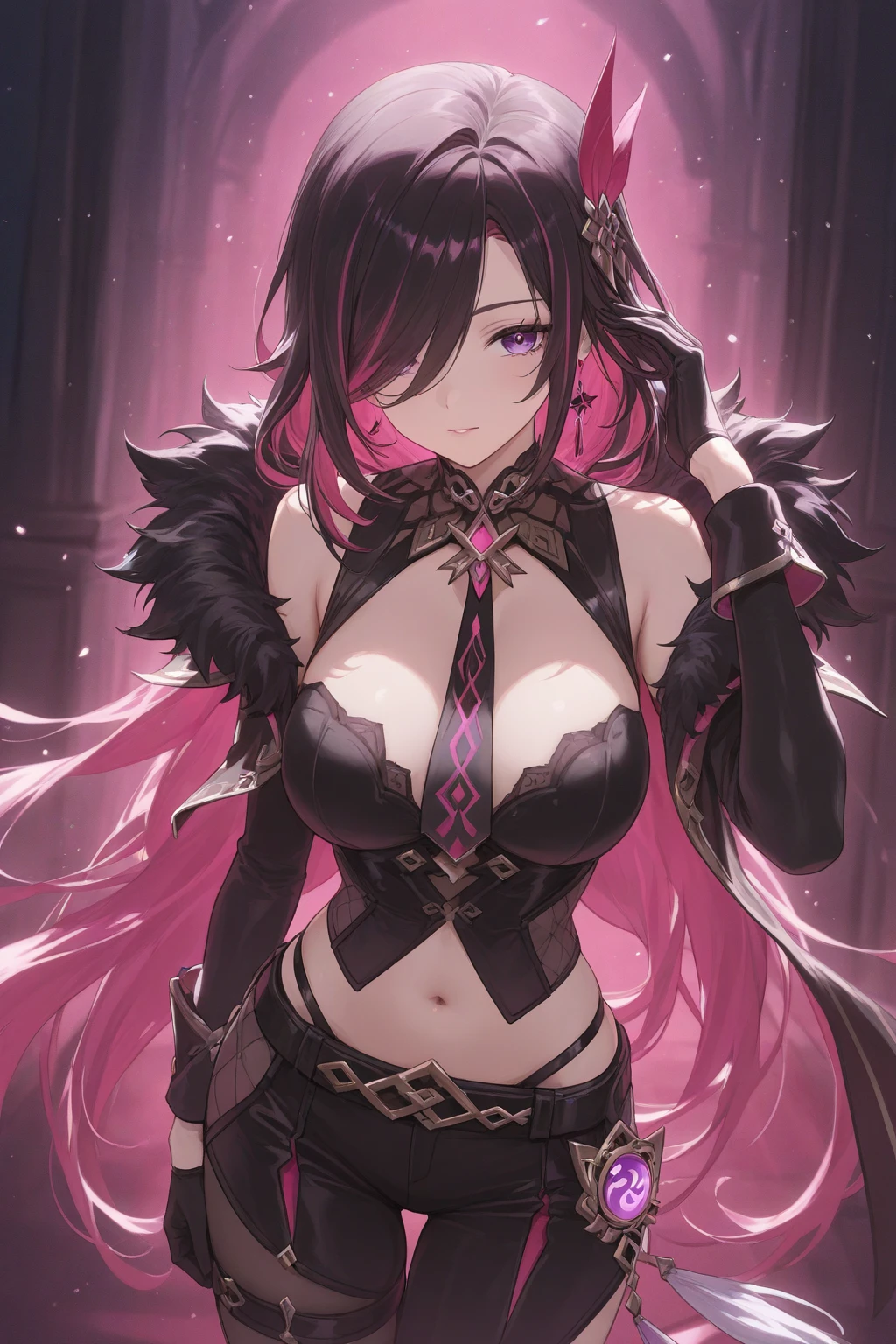 japanes、An 18-year-old woman、Black bondage、a choker、see -through、Eyes Like Gems、Anime Art Style、High pressure expression、Full body、Pose Seductive、Black pantyhose、