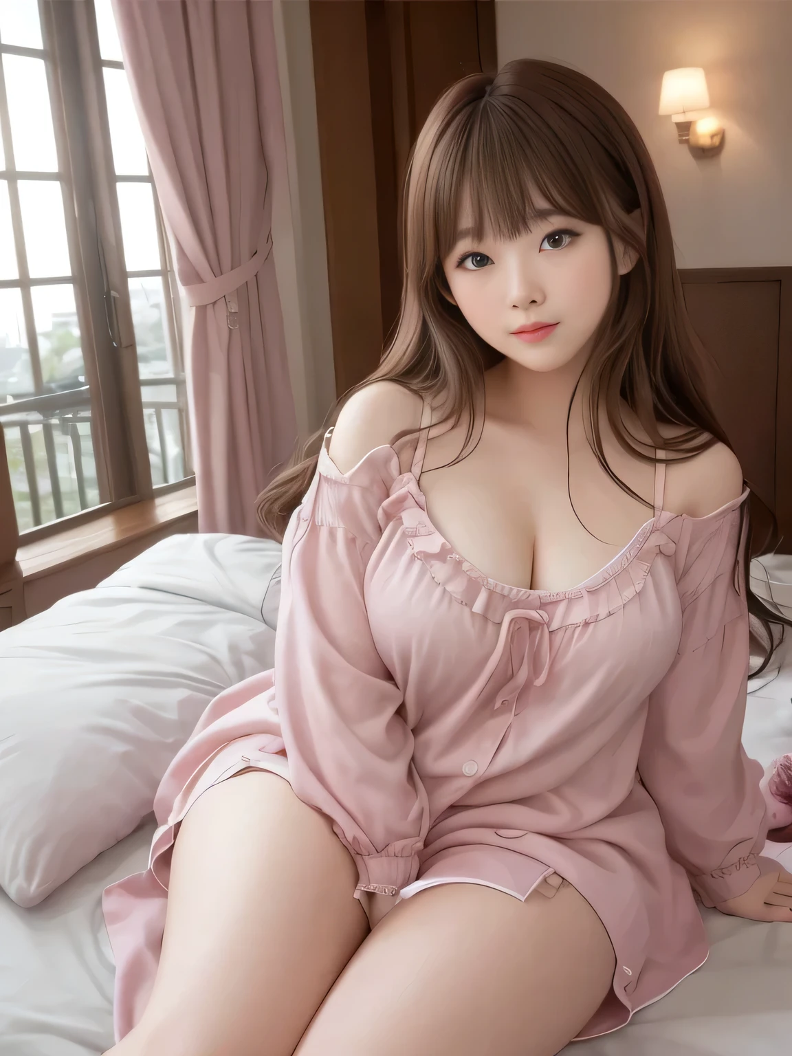 
(top quality)、masterpiece、hyperrealism、Great highlights、
A wonderful sunrise、gives this scene a special charm,

couple in a very loving relationship 22 year old、
medieval European court style bedroom、Romantic love hotel、
Intricate interior details, warm lighting, Taken with X-T4,85mm,blurry background,

features a woman with sex appeal、The girl who woke up is enchanting、 Sleepy Expression、Glossy Brown Hair 、middle twin tail、
cute、lips、in pink pajamas in a simple bedroom、perfect body、Chubby Glowing Thighs、amazing beauty、 


