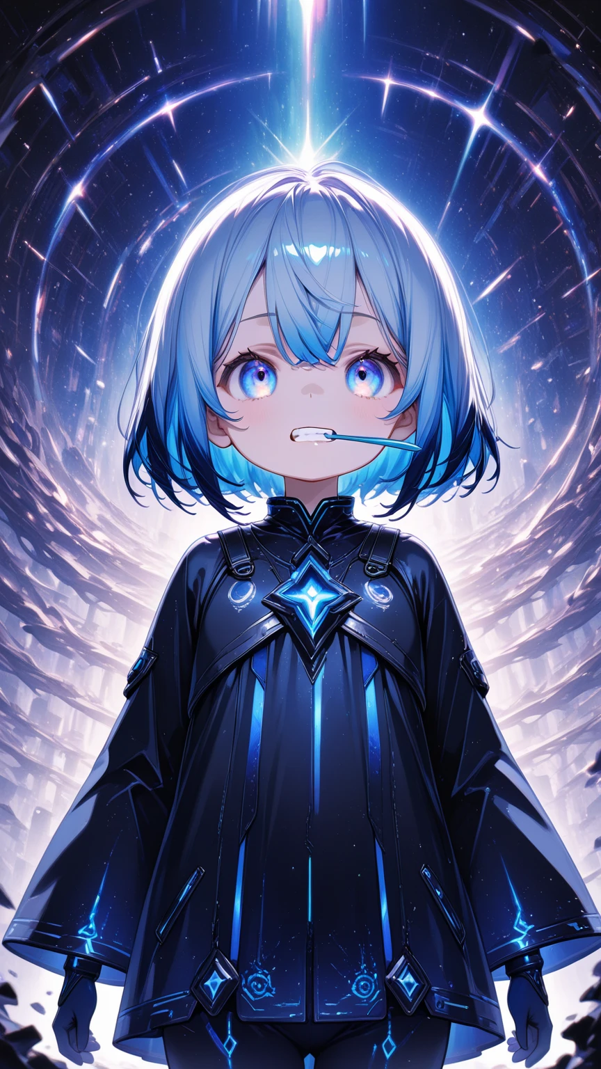 Blue aura, blue eyes, black poncho, short sleeves, black panties, crazy, smiling, sharp stare, holding bat, evil, short, black background, tight clothing, , glowing aura, glowing blue, blue effects, glowing blue effects, Frost blue hair, short hair, no chest, blue poncho, light blue eyes, short, , sparkling eyes, small, , blue horns, huge horns