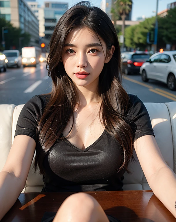 black hair, hair bobbles, longeyelashes, solid circle eyes, light smile, mole under eye, heart earrings, light smile, shy, puckered lips, Surrealism, drop shadow, stereogram, pov, atmospheric perspective, depth of field, first-person view, f/1.8, 8k, super detail, ccurate, best quality, highres, best quality,short cut hair, (beautiful detailed makeup), (sexually aroused blushing heavy breathing:1.0), (soft glow bloom:0.5),mole under eye:1.4,from the thighs up:1.4,smile:1.2,((Black Trench Coat:1.4)