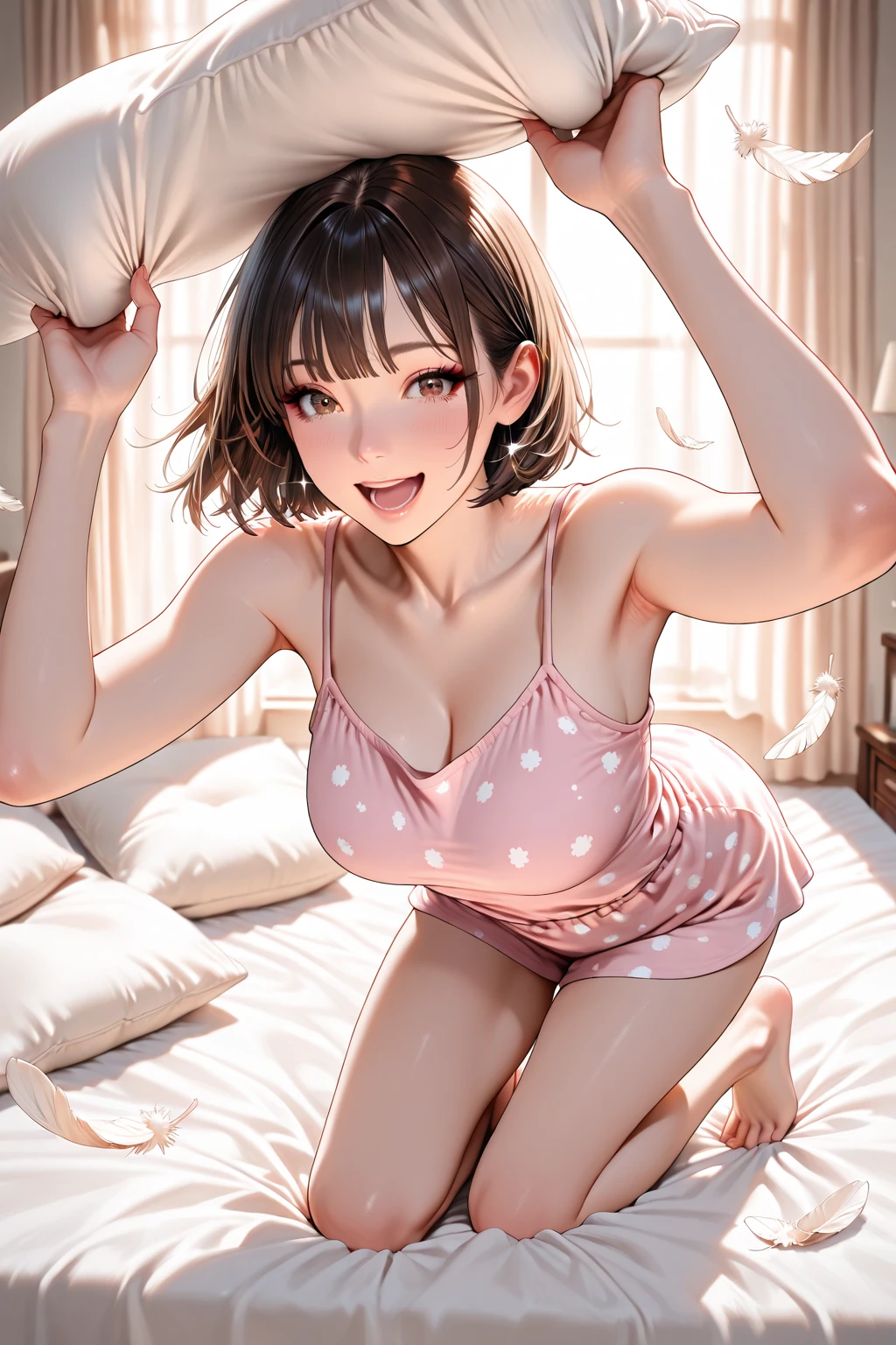 (super flat, flat shading, flat color:1.1)、(magazine cover)、An illustration、(One Asian boyish girl)、(cute:1.2)、Very beautiful 14 year old girl manga、cheeks are red、(high detail skin: 1.2)、Photorealistic anime girl rendering、Realistic anime 3D style、cuteボブカット、beautiful brown hair、intense black eyes、strong eye highlights、(be familiar with、Medium chest)、perfect anatomy、hair is dirty、(sweaty)、Pale pink underwear、(wet with water)、thighs are open、head tilt、sit on the bed、((from behind、hind leg、heart cutout、hip incision))、volume lighting、soft light、bright、Light from behind、bright色、watercolor painting、shortcut、hair band、frills、