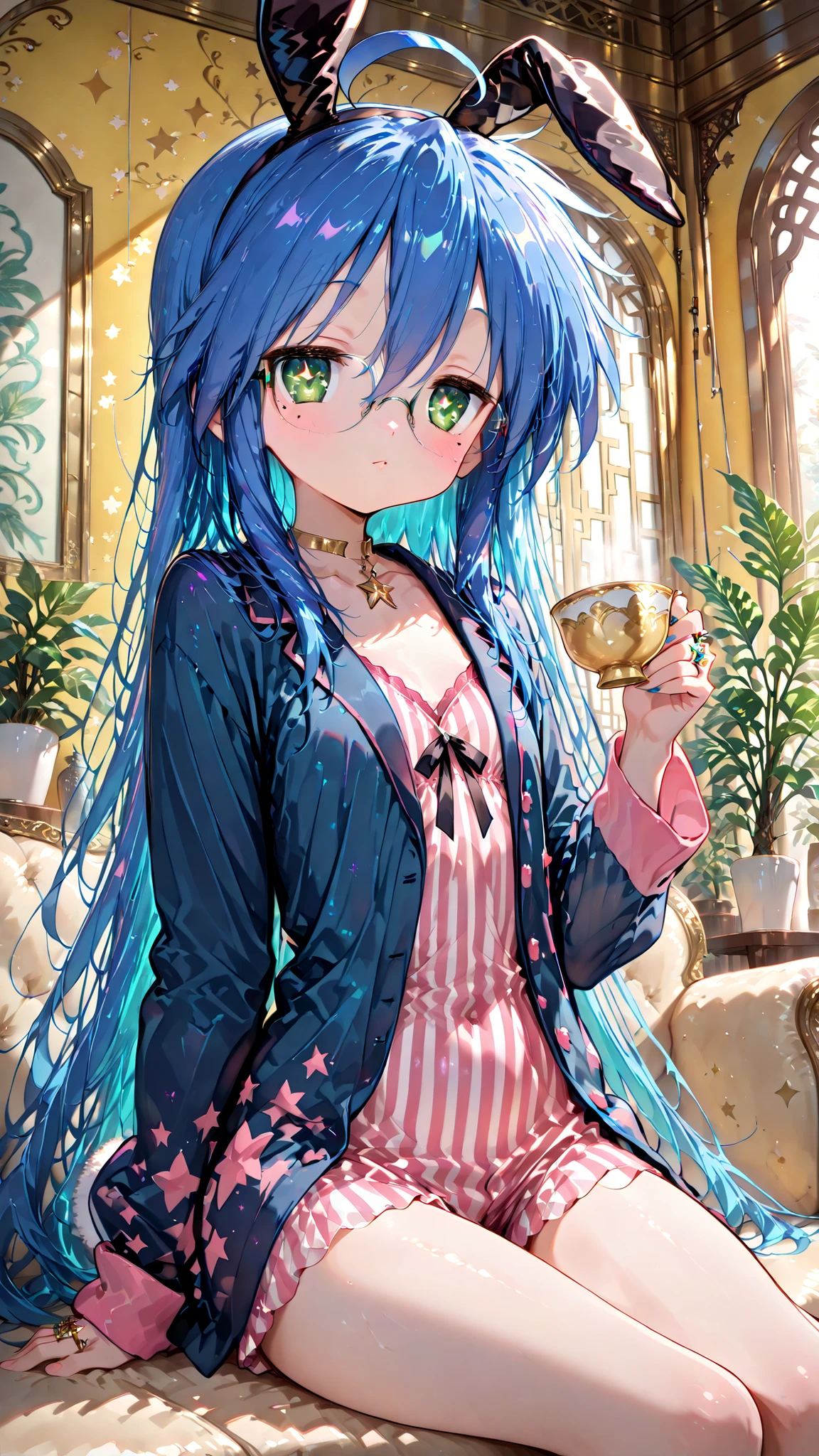 izumi konata \(lucky star\) A girl sitting on a beige couch in a living room, wearing a dark blue and pink striped one-piece pajama . and black-framed glasses. holding a yellow teacup and a golden plate, the girl, has a slim figure and is considerably small, has long blue hair and is looking directly at the viewer with a confident expression. revealing her bare legs and a ring on her finger. a gold choker around her neck. the background is a simple yellow wall with a potted plant on the left side. 1girl, unrivaled beauty, solo, fullbody, petite build, small chest, leaning slightly forward, see-through pajamas, fake animal ears, fake tail, green eyes, mole under eye, hair between eyes, straight hair, star (symbol), flame star print, whole body, slim hips, clothing texture, dynamic pose, beautiful face, beautiful girl, beautiful body, beautiful hair, Masterpiece, very aesthetic , perfect composition, intricate, ((Best quality :1.2)),((Detailed :1.5)),((Detailed background :1.5)). (HD eyes:1.4), ((4k,8k,Ultra HD)), {perfect body}, pastel style
