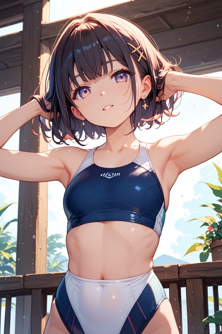 masterpiece, best quality, 1girl, solo, stylish crop top, smile, vibrant short brown hair, bobhair, short-hair, short bob hair, (((bobcut))), bob haircut, very short bob cut, lip length hair, blunt ends, (sliced bob), buzzed nape ((haircut:1.3)), undercut, bobbed hair, minibob, sidecut, shaved, blue eyes, graduation bob, straight short hair, short hair above the ears, Shot diagonally from the side, elegant braid, soft bangs, upper body, alluring choker, (graffiti:1.5), artistic paint splatter, seductive arms behind back, leaning against wall, exposed back, fashionable armband, urban hiphop style, flirty skirt, playful head tilt, intense expression, warm orange, dynamic asymmetrical design, bold geometric shapes, creative street art
