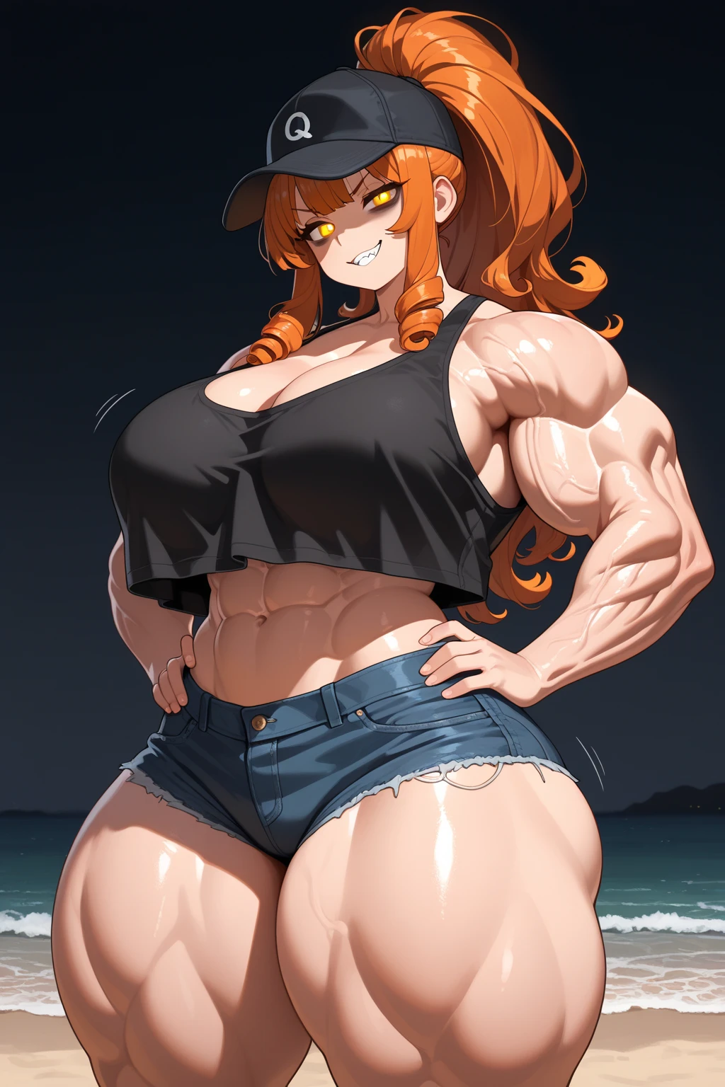 score_9, score_8_up, score_8_up,1girl, solo,Expressiveh,rias gremory, huge ahoge, long hair, hair between eyes, green eyes,tan skin,light tan, tanned,red hair,sunglasses on head,red hair,very long hair,nipple outline,black g-string panties,tattoos,black bikini top,choker, belly piercing,(((soft smile,seductive gaze:1.9))),looking at viewer,(her legs are as big as her torso with hips as wide as her shoulders),(((hyper wide hips))),((narrow waist)),((veins)),(side view:0.6),((dynamic pose)),(dynamic view), (hyper pecs),(abs),(hyper thighs:1),(muscular),(huge ass:1),(muscular neck),(huge traps),standing,((beach cafe,open cafe)),depth of field,highest quality, masterpiece,zPDXL3