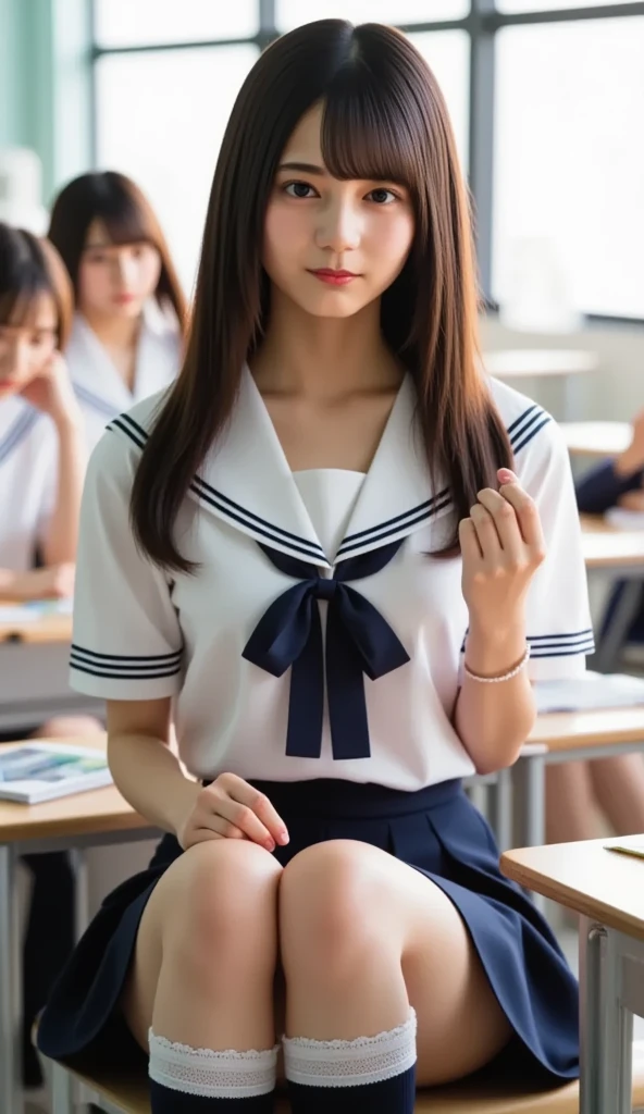 (masterpiece, Highest quality:1.2 Ultra high resolution), 8k, Young and beautiful, Striped panties、Big Breasts、Official AR RAW Photos, Baby Face、Show me your ears、photo shoot, Cute Face, Thighs, After-School Classes, Looking at the audience, Embarrassing、smile、No makeup, Teen, Detailed face, ((((((high school girl))))))、Tight waist、Sailor suit without skirt、Skirt flip、