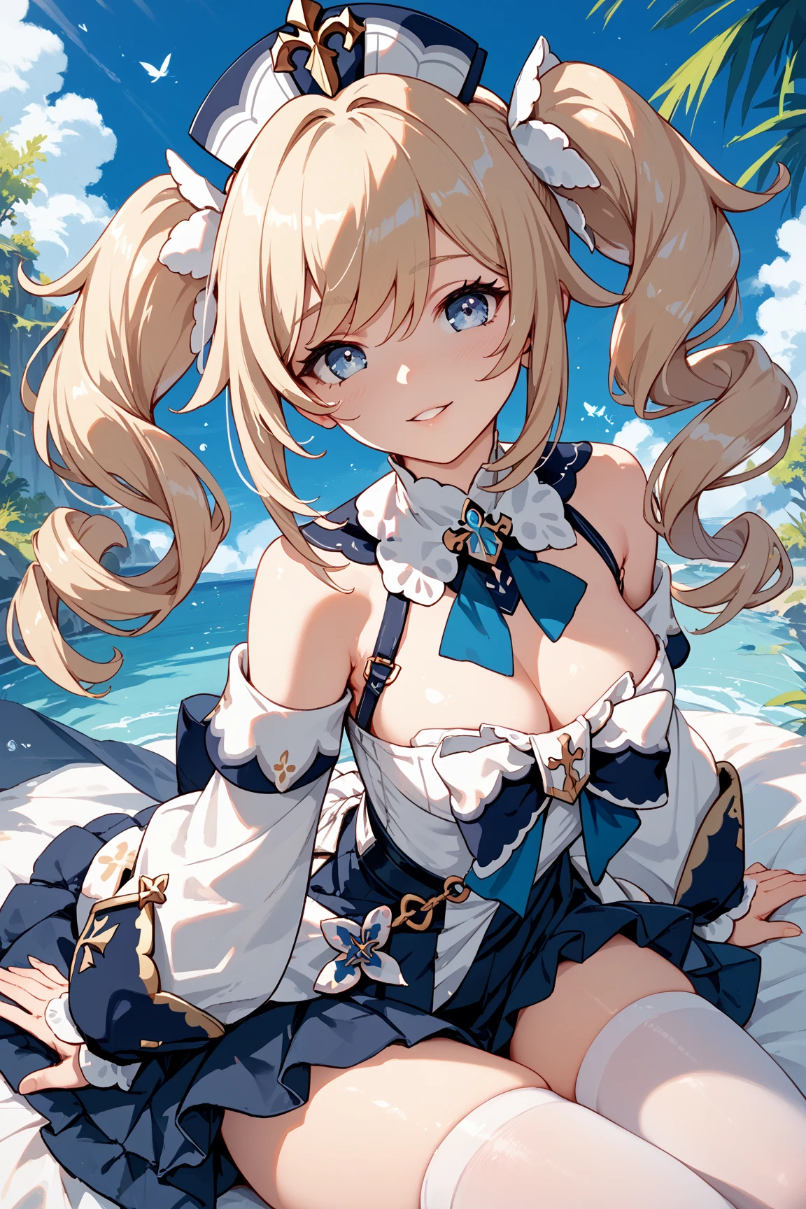 ((barbara_genshin)):1.5,((masterpiece:1.4,highest quality,Highly detailed images,Beautiful images))(Barbara images,Beautiful lake、Lake waist depth、Fun pose、Bright natural light throughout、Backlight、A fantastic atmosphere、Dust flutters),(Full-length portrait of Barbara、from the front)、(Mid-chest、Great cleavage)(smile)
