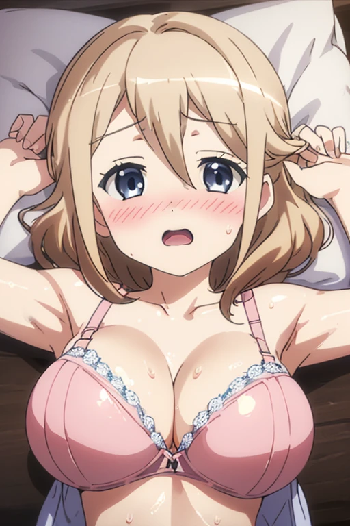 ((masutepiece, Best Quality, hight resolution, nffsw, Perfect Pixel, depth of fields, 4K, )), 1girl in, Solo, Lori, Beautiful anime girl, Beautiful Art Style,
close up, Looking at Viewer,
Perfect body,
Yuigahama Yui, Hair bun, Short hair, large boob, Pink hair,
Full face blush, grin,
White lace lingerie, front-tie top,
From above, POV,
(incoming hug, incoming kiss),
Upper Eyes,
Bedroom, on the beds, Waliza
Focus Boobs,
(darkness, indirect lighting),