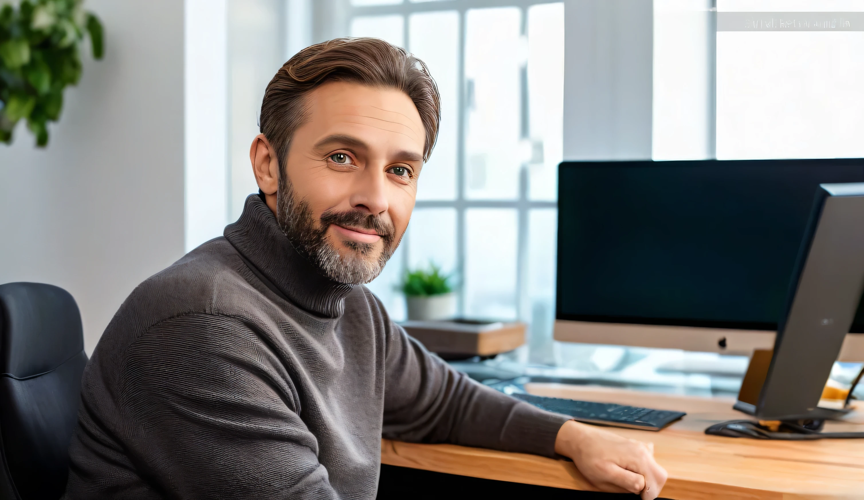Horizontal banner, wide format, featuring a stylish Italian man around 40 years old, slim face, slight beard, light brown hair, fair skin, green eyes. Seated at a large design desk with a big desktop Mac, Mac-style keyboard and mouse, and a white articulated desk lamp. Behind him, farther away: another large desk with a 3D printer, regular printer, a gamer monitor, and a brightly lit PC tower. Background: spacious comfortable sofa with a gray blanket draped over it, large vertical window with 6 panes (2 leaves each) allowing warm autumn natural light. The man is seated in a white swivel PC chair, visible from the arms up, looking directly at the camera with a friendly expression, subtle smile, captivating gaze. Emphasis on detailed, expressive facial features and eyes, realistic lighting, soft shadows, cinematic composition, warm autumn tones, ultra-detailed textures, high-resolution, photorealistic banner illustration, depth of field focused on the man's face.