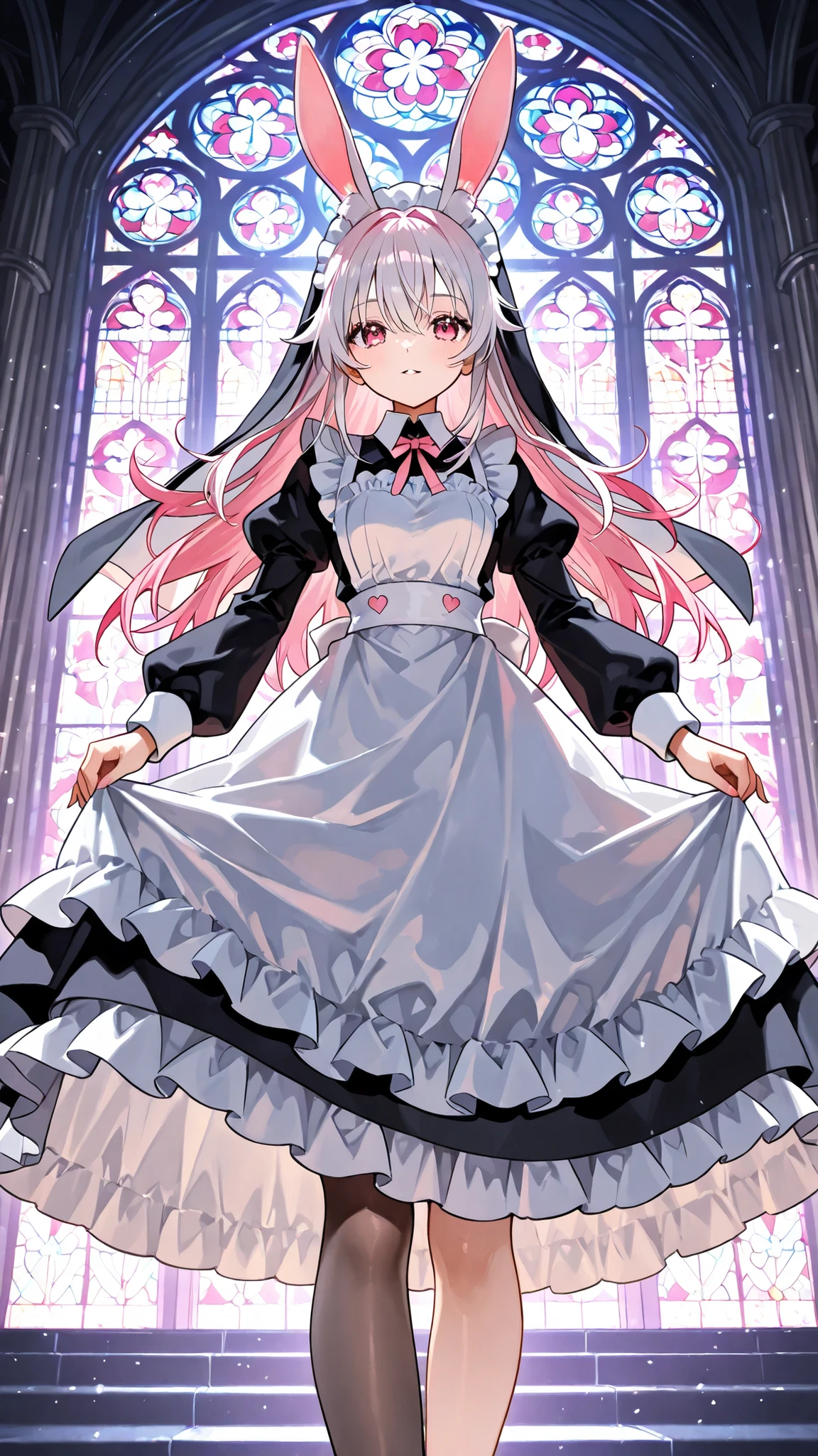,the girl on the left has white pink hair,Long Hair,right girl silver hair, double sided up,Habit,rabbit ears
9;maid clothes、church、stained glass、light colored glass、shape 