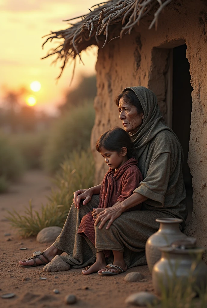 A poor teengaer girl and her poor mom in frint of their village home