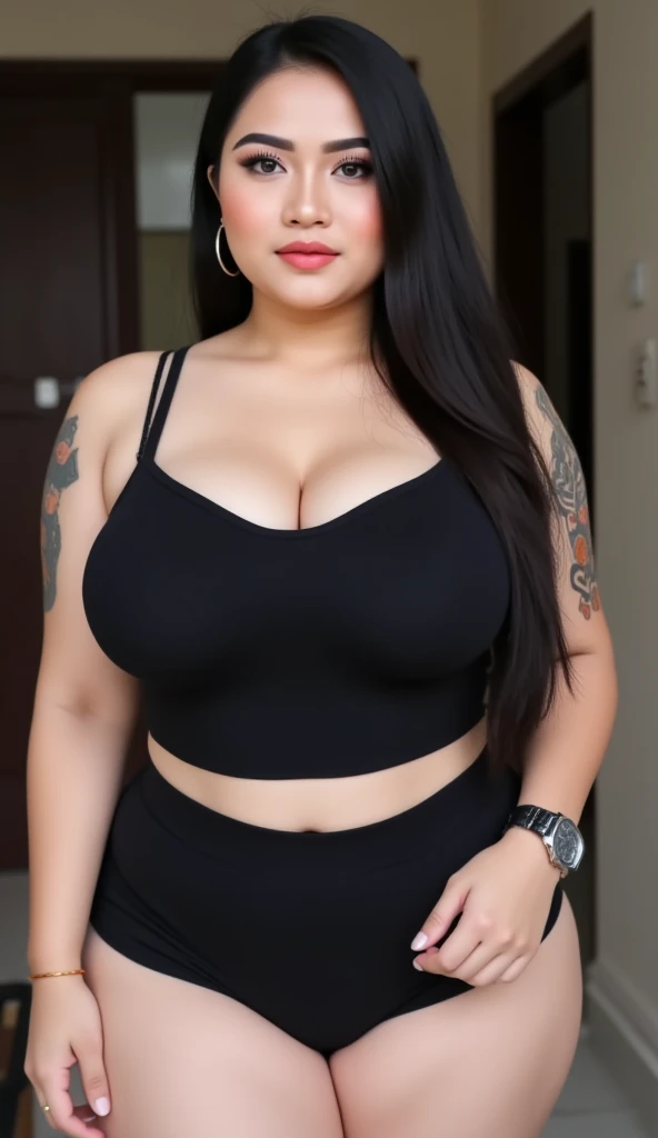 Radhika marchent Indian beautiful woman curvy plus size hour glass bulky huge figure woman, closeup camera view, big huge m-cup breast, wearing SHEIN Teen Girl Letter Graphic Cami Top & Shorts & Mesh Top Color: Multicolor , covered Bust , elegant standing position, eye contact view, different style hairstyle, bright eyes, thin eyebrows, fair skin, blushing cheeks, prefect head to toe view, full body, ideal for high-fashion or editorial shoots, ultra realistic skin texture, head to toe view, full body shot, full body view, smile face, black hair, Indian face, perfect skin tone light, ultra realistic skin texture, bigger waist, busty, big hips, fleshy thighs, thick thighs, busty, full body view, Modern Art Museum: Sleek, contemporary architecture and art pieces.