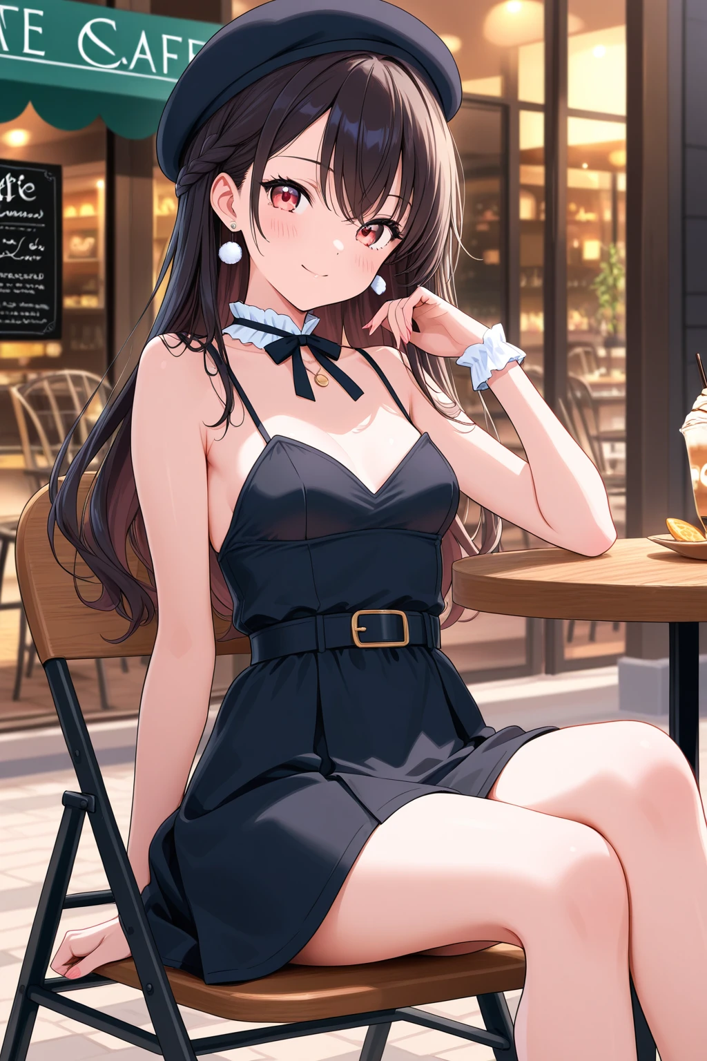 Human Woman、smile、bar、Dark Brown Hair、Summer outfit、Sitting、holding a wine glass、Tipsy、Perfect hands、Perfect Fingers