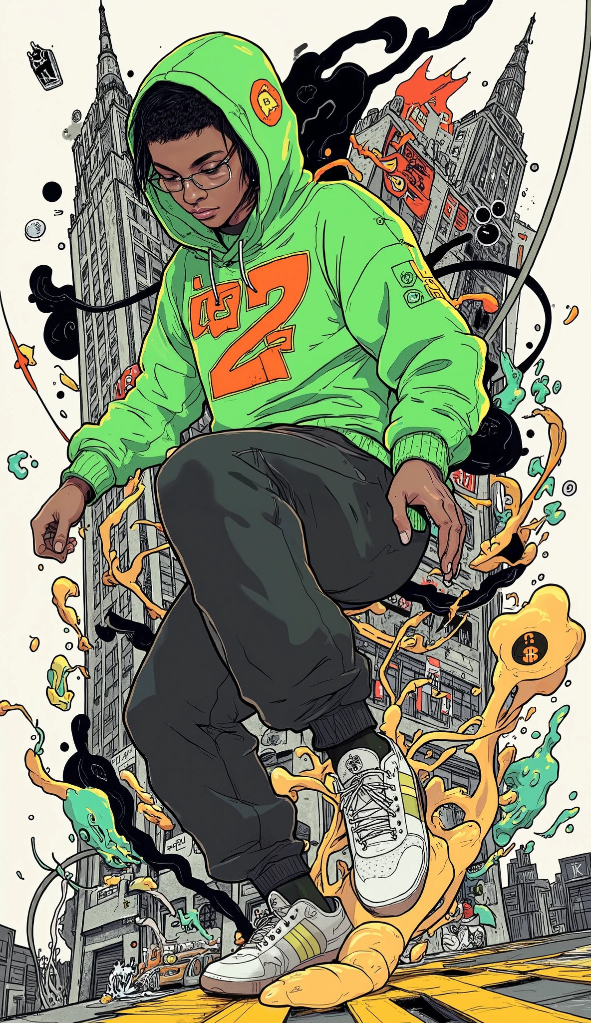 dynamic figure in motion, person dressed in casual, urban attire, The stylized background that combines the rough texture of graffiti with abstract art is captured in the background It's there. The bright green hoodie with the hood adds color and energy, bold orange and gold numbers on the chest「2」With the emblem of. his pants are dark and slightly loose in size, white sneakers emphasize the fluidity and agility of his pose. Surrounding the person, The swirls and patterns like expressive black ink spread out on the outside, blends with faint architectural graphics of skyscrapers, suggest an urban environment with a touch of surrealism. The composition shows a sense of movement and artistic creativity Tell me, embodies the spirit of street culture and dance. The monochromatic background emphasizes the vivid colors and dynamic gestures of the person.