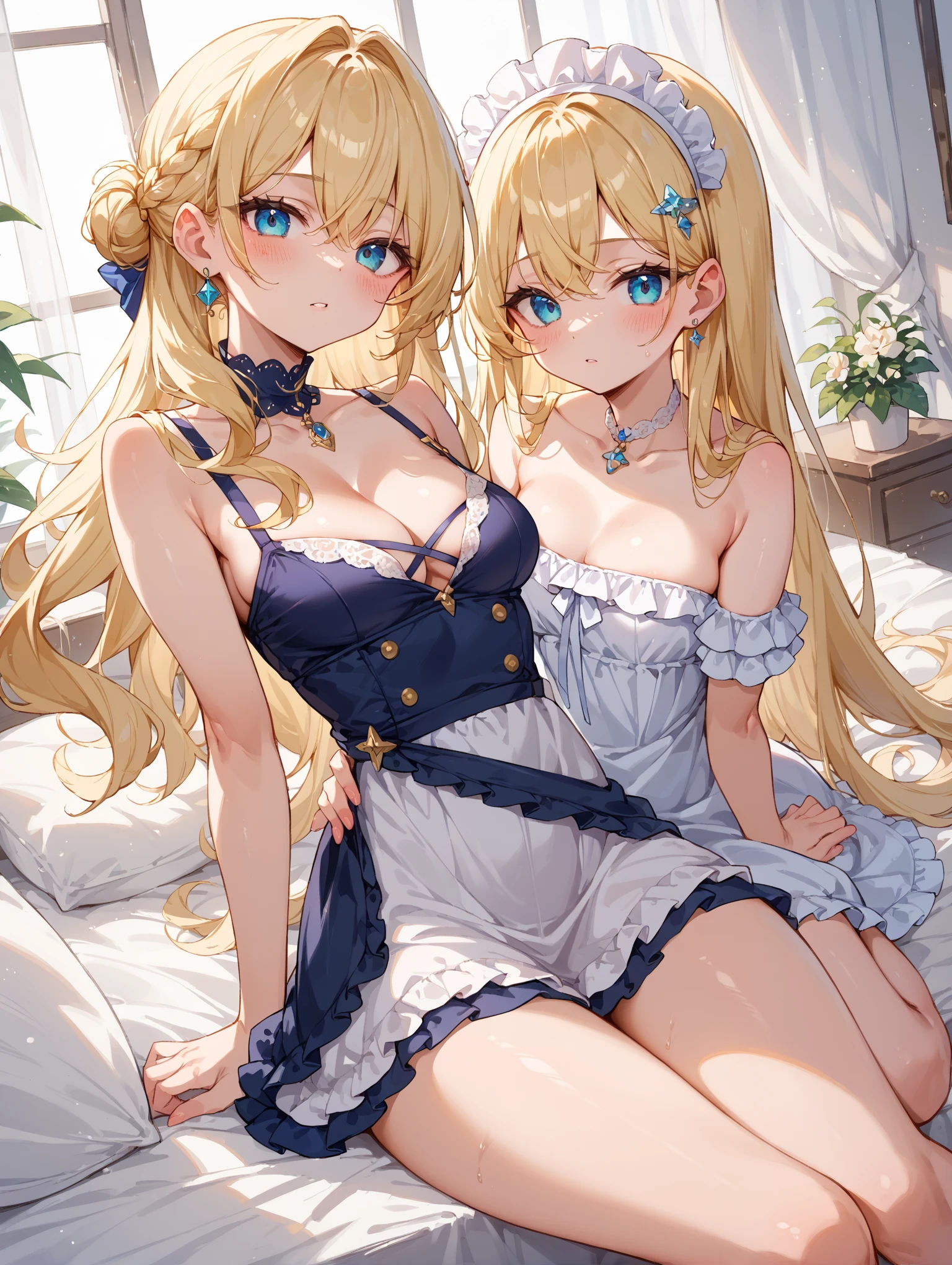 (nsfw:0.9), (masterpiece:1.3), (ultra detailed:1.2), (2girls, harem:1.8), (bed room:1.5), (cowboy shot:1.3), blonde hair, silver hair, (smile:1.3), (blush:1.4), (large breast, cleavage:1.3), (face detailed, body detailed:1.6), (bunny girl costume:1.5), (shiny skin, oily skin:1.2), (costume detailed:1.8), (hip detailed:1.5), (looking at viewer:1.4), (standing:1.4), 