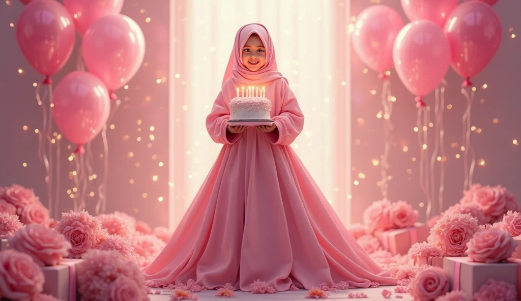 real potrait, full body, long shot, a 3-year-old girl wearing a hijab, Sit down, in front of him is a birthday cake, there are number candles "3", Behind there are birthday party accessories, festive atmosphere, charming bright colors
