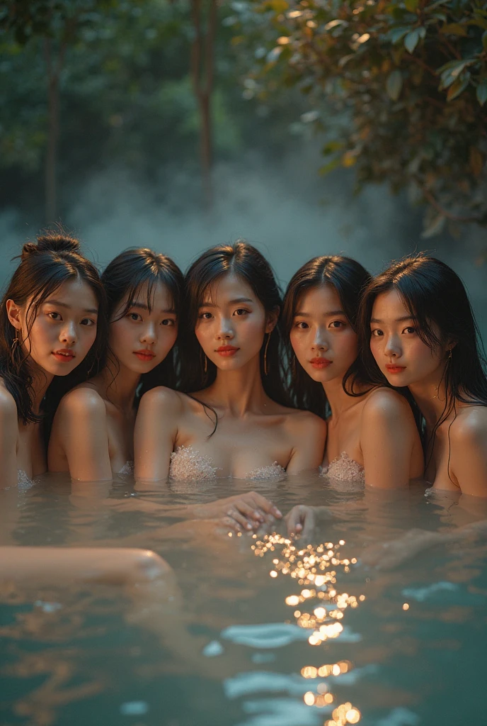 ((highest quality、masterpiece、8K、Highest image quality、Ultra high definition、Award-winning work)、(5人の女性の笑close up of faceの集合写真:1.3)、(Close-up group photo of five nude women:1.3)、An open-air bath deep in the mountains surrounded by nature、An open-air bath surrounded by irregularly shaped rocks、(Smiling beauty nude:1.4)、(Very close up of a beautiful woman:1.5)、(Shoot from very close up of 5 people:1.3)、(A group photo taken close to the faces of five people:1.3)、(accurate anatomy:1.1)、A smile staring at me、Real hot springs、Natural open-air bath rich in nature、Ultra high definitionの輝く色白美肌、the most detailed face、Ultra high definitionの詳細な顔、Ultra high definitionの髪の毛、Ultra high definitionの煌めく瞳、Beautiful face drawn in super detail、close up of face、Beautiful open-air bath、An open-air bath in a hidden area rich in nature、奥地の神秘的なBeautiful open-air bath、(blurred background:1.1)、Surrounded by majestic and mysterious nature、very bright and vivid、(The most beautiful K-POP idol faces:1.1)