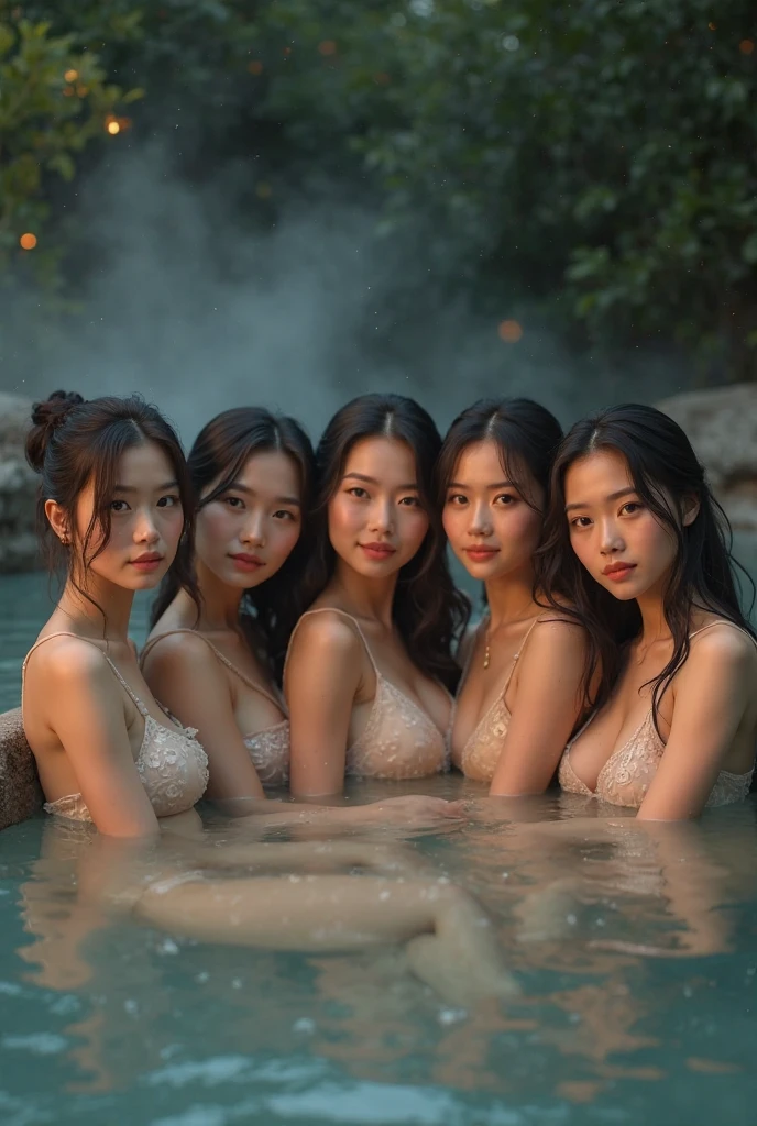 ((highest quality、masterpiece、8K、best image quality、ultra high resolution、Award-winning work)、(A group photo of five nude women from the naval up:1.2)、(Close-up of the nude faces of five beautiful women:1.2)、(accurate anatomy:1.1)、(Soak shoulder-deep in hot springs:1.2)、(the smile staring at me:1.1)、ultra high resolutionの輝く色白美肌、most detailed face、ultra high resolutionの詳細な顔、ultra high resolutionの髪の毛、ultra high resolutionの煌めく瞳、Beautiful face drawn in great detail、(Close-up of the faces of five beautiful women:1.1)、(blurred background:1.1)、very bright and vivid、beautiful japanese actress face、(A hot spring rich in nature nestled in an unexplored area deep in the mountains:1.1)、perfect and accurate hot springs、(White thick fog:1.2)、hot hot spring steam,((visible nipples:1.1)),(5 women with breasts of random sizes:1.5),(visible pubic hair:1.1),((snowing:1.3)),(wet skin:1.3),(wet hair:1.3),(night:1.6),