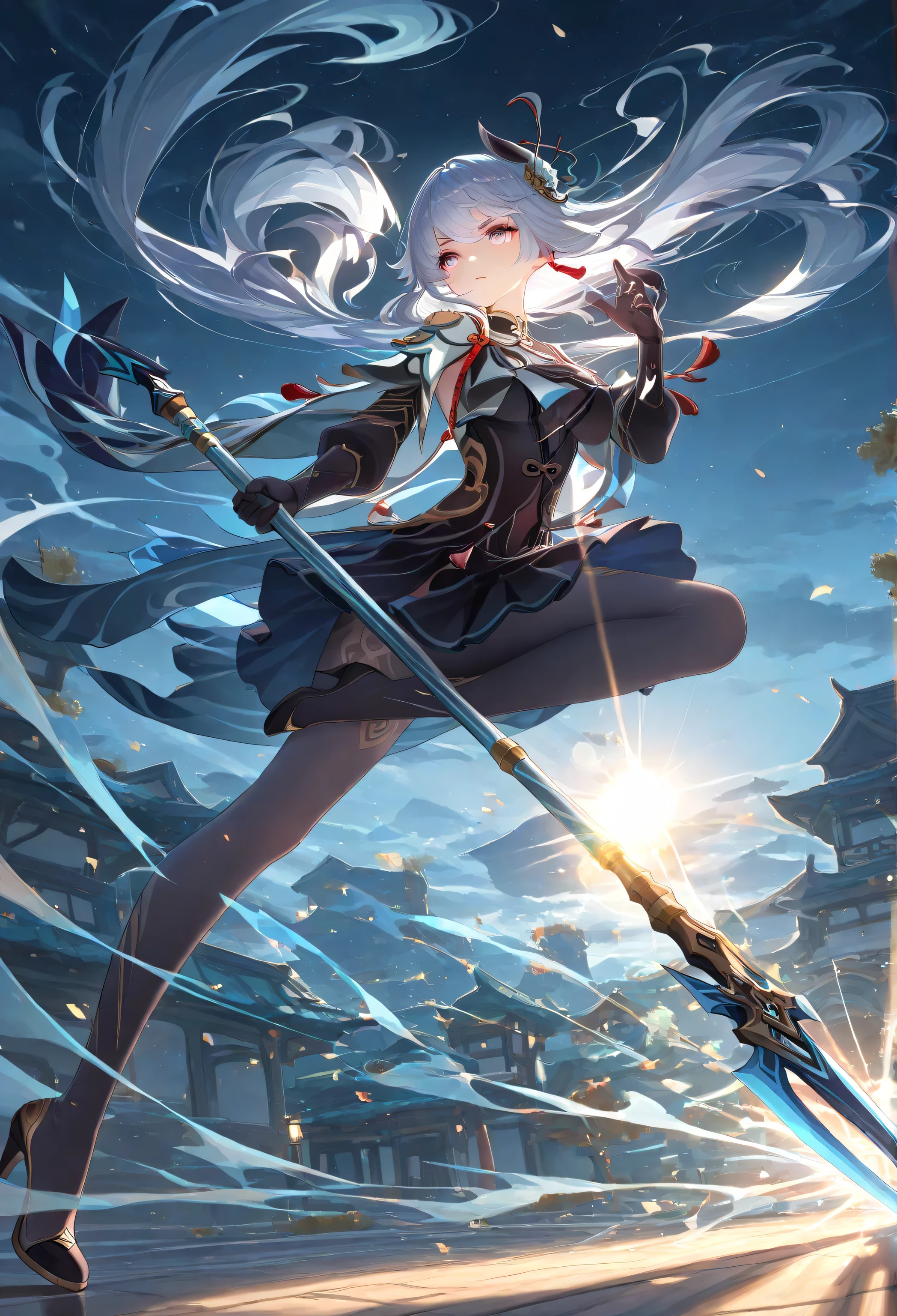 1 girl, Shen He\( Genshin\),skirt,skirt,Lace, Dynamic fighting, outdoor, Highly detailed, High Contrast, ray tracing, best lighting , cinematic composition, Pretty faces , best quality, Very beautiful, ultra-high resolution, detailed background, comics, Pastel Details ,See, Cafe with a soft atmosphere , style, solo,carefully crafted hair and eyes,holding a weapon,Armed with one hand,Advanced CG illustration