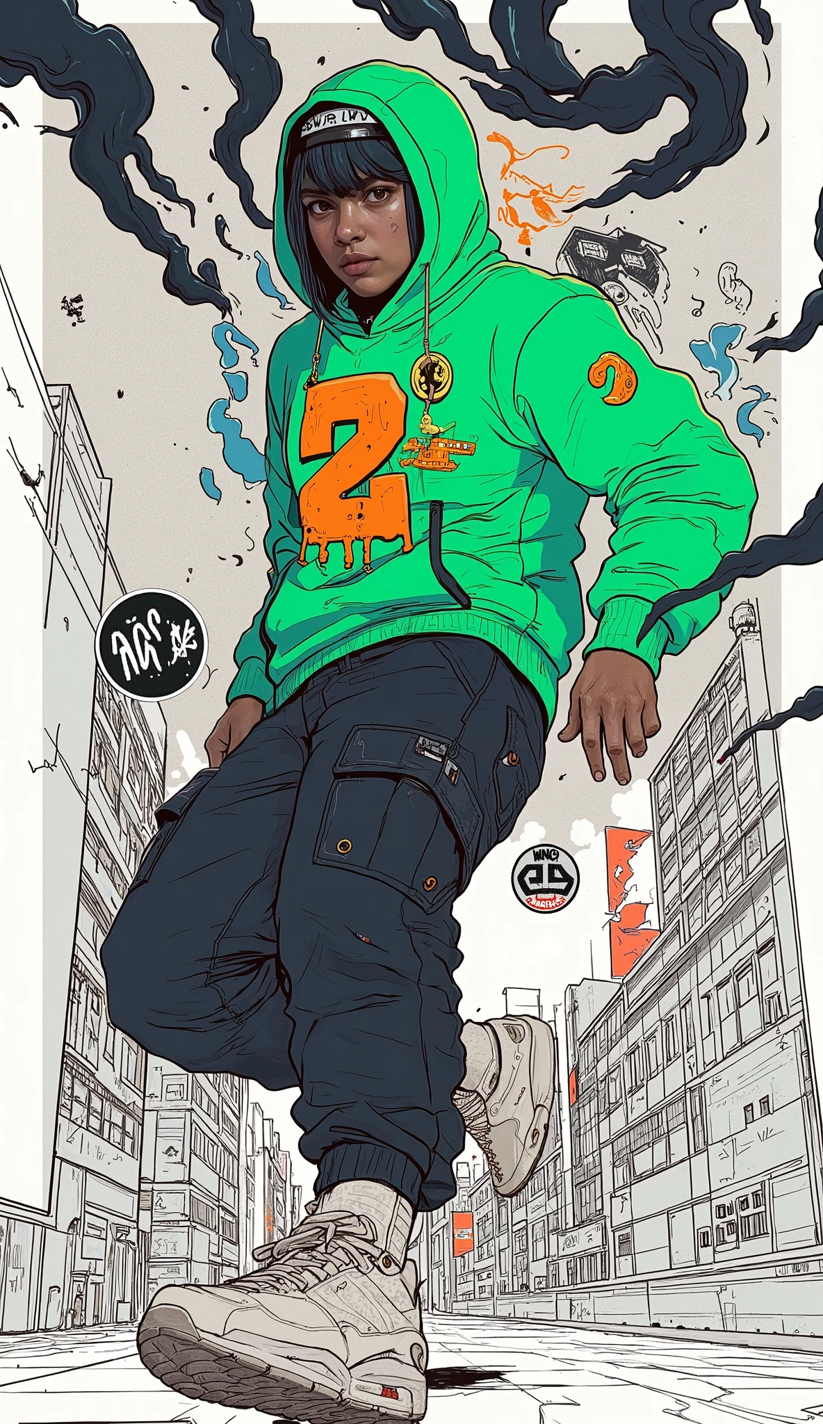 dynamic figure in motion, person dressed in casual, urban attire, The stylized background that combines the rough texture of graffiti with abstract art is captured in the background It's there. The bright green hoodie with the hood adds color and energy, bold orange and gold numbers on the chest「2」With the emblem of. Her pants are dark and slightly loose in size, white sneakers emphasize the fluidity and agility of her pose. Surrounding the person, The swirls and patterns like expressive black ink spread out on the outside, blends with faint architectural graphics of skyscrapers, suggest an urban environment with a touch of surrealism. The composition shows a sense of movement and artistic creativity Tell me, embodies the spirit of street culture and dance. The monochromatic background emphasizes the vivid colors and dynamic gestures of the person.beautiful hands、anatomically correct、