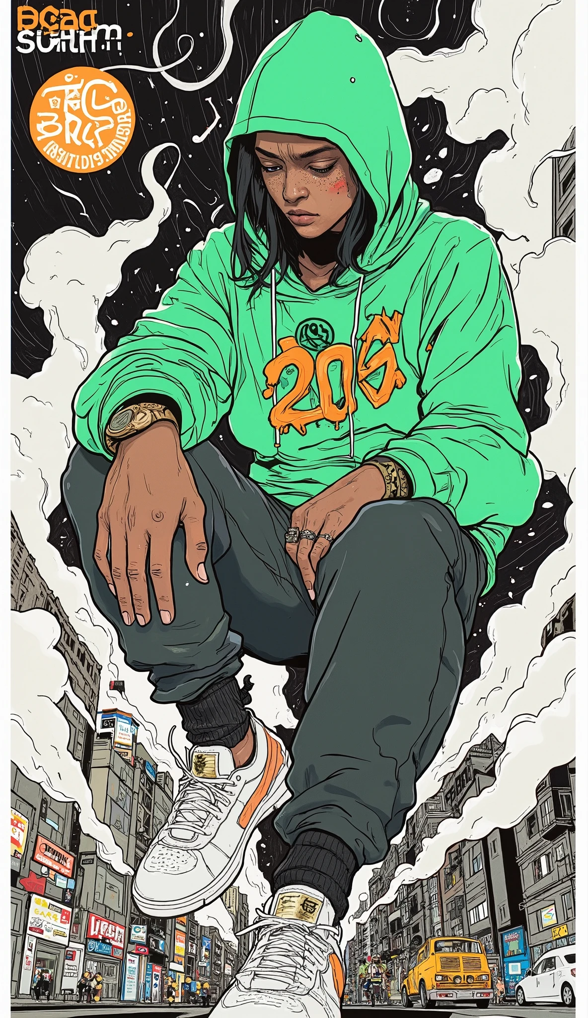 dynamic figure in motion, person dressed in casual, urban attire, The stylized background that combines the rough texture of graffiti with abstract art is captured in the background It's there. The bright green hoodie with the hood adds color and energy, bold orange and gold numbers on the chest「2」With the emblem of. Her pants are dark and slightly loose in size, white sneakers emphasize the fluidity and agility of her pose. Surrounding the person, The swirls and patterns like expressive black ink spread out on the outside, blends with faint architectural graphics of skyscrapers, suggest an urban environment with a touch of surrealism. The composition shows a sense of movement and artistic creativity Tell me, embodies the spirit of street culture and dance. The monochromatic background emphasizes the vivid colors and dynamic gestures of the person.beautiful hands、anatomically correct、