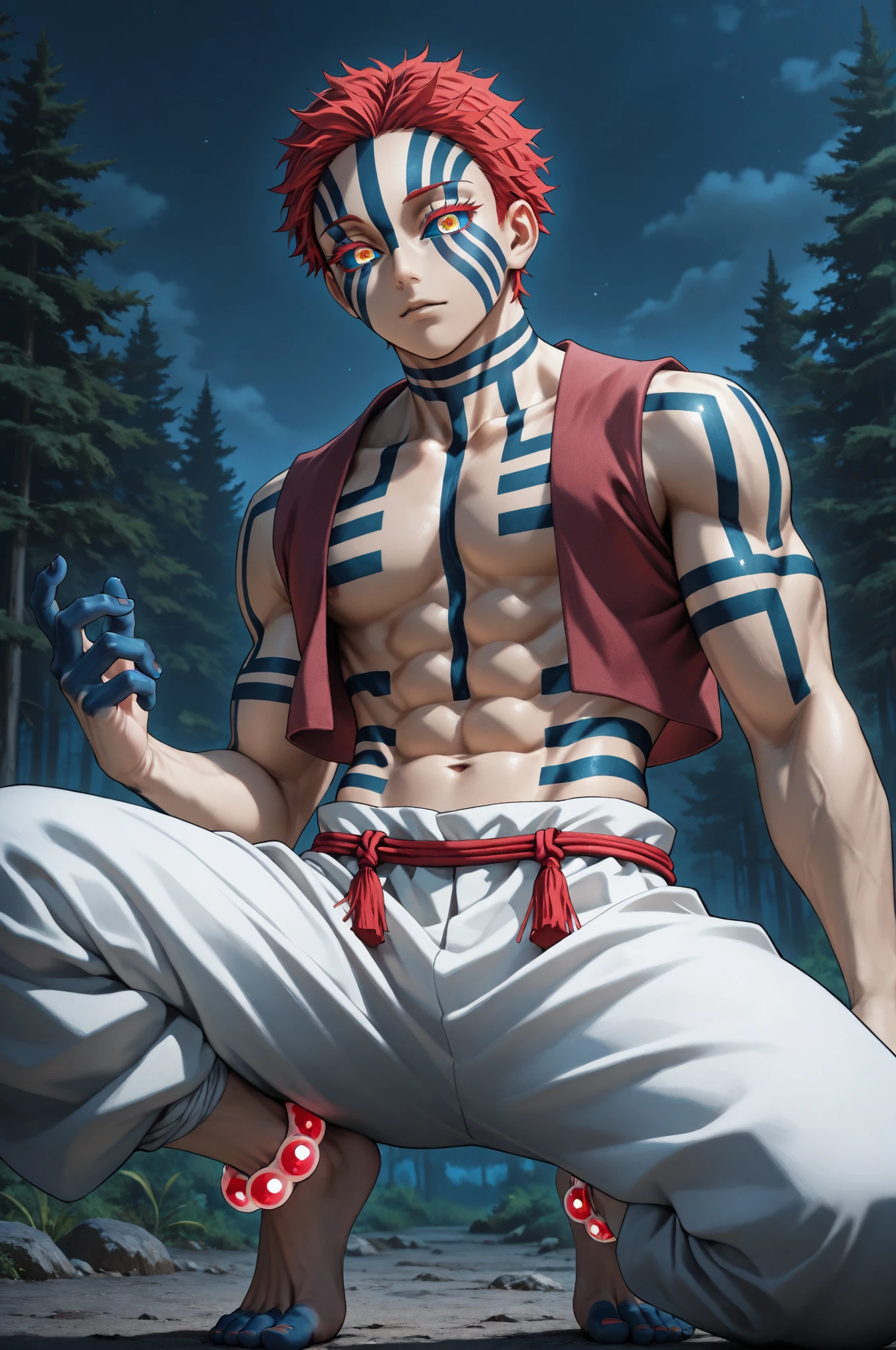 standing, ultra detailed, highres, high-resolution, 8k, 8k portrait, unity 8k wallpaper, extremely detailed unity 8k wallpaper, musashi\(orient\), japanese clothes, solo, 1boy, looking at viewer, male focus, earrings, blue eyes, smile, red hair, spiked hair, white hood, short sleeves, black hoodie, capri pants, boots, midriff, piercing, wristband, nature, scenery, forest