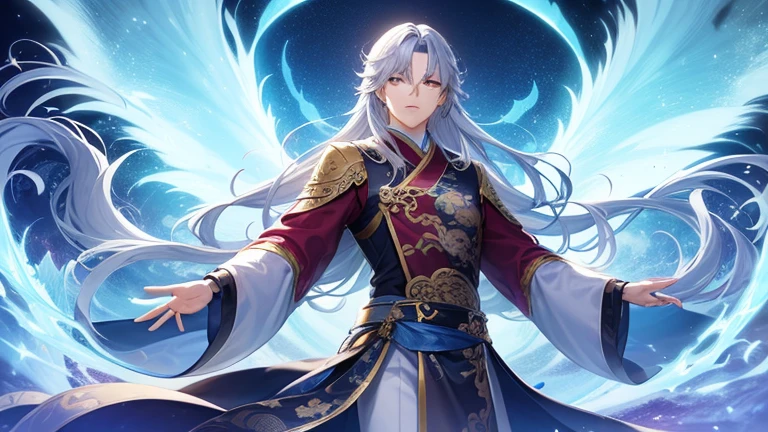 1boy, Long hair, Solo, Male focus, White background,  tassels, hair adornments, White hair, Holding, Simple background, arma, view the viewer, feater, Blue eyes, sash, standing, Pants, Chinese clothes