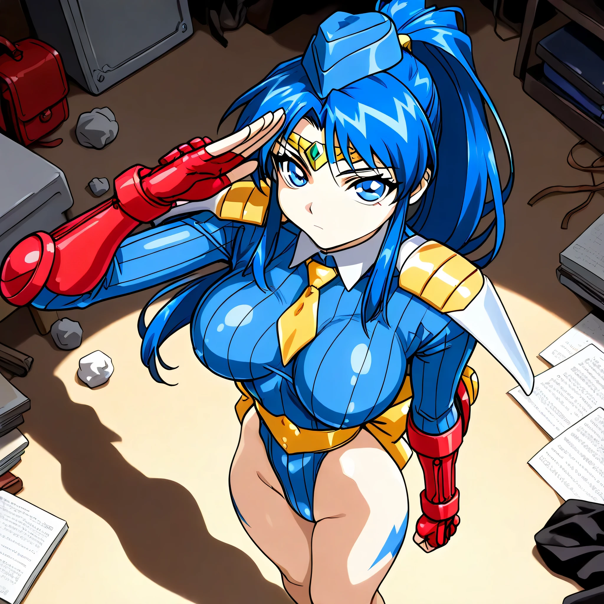 1girl in, saluting, black doll suit, red hairs, blue eyess, masterpiece, top-quality, face perfect, 美丽的面容, beautidful eyes, ((Perfect female body, narrow waists))