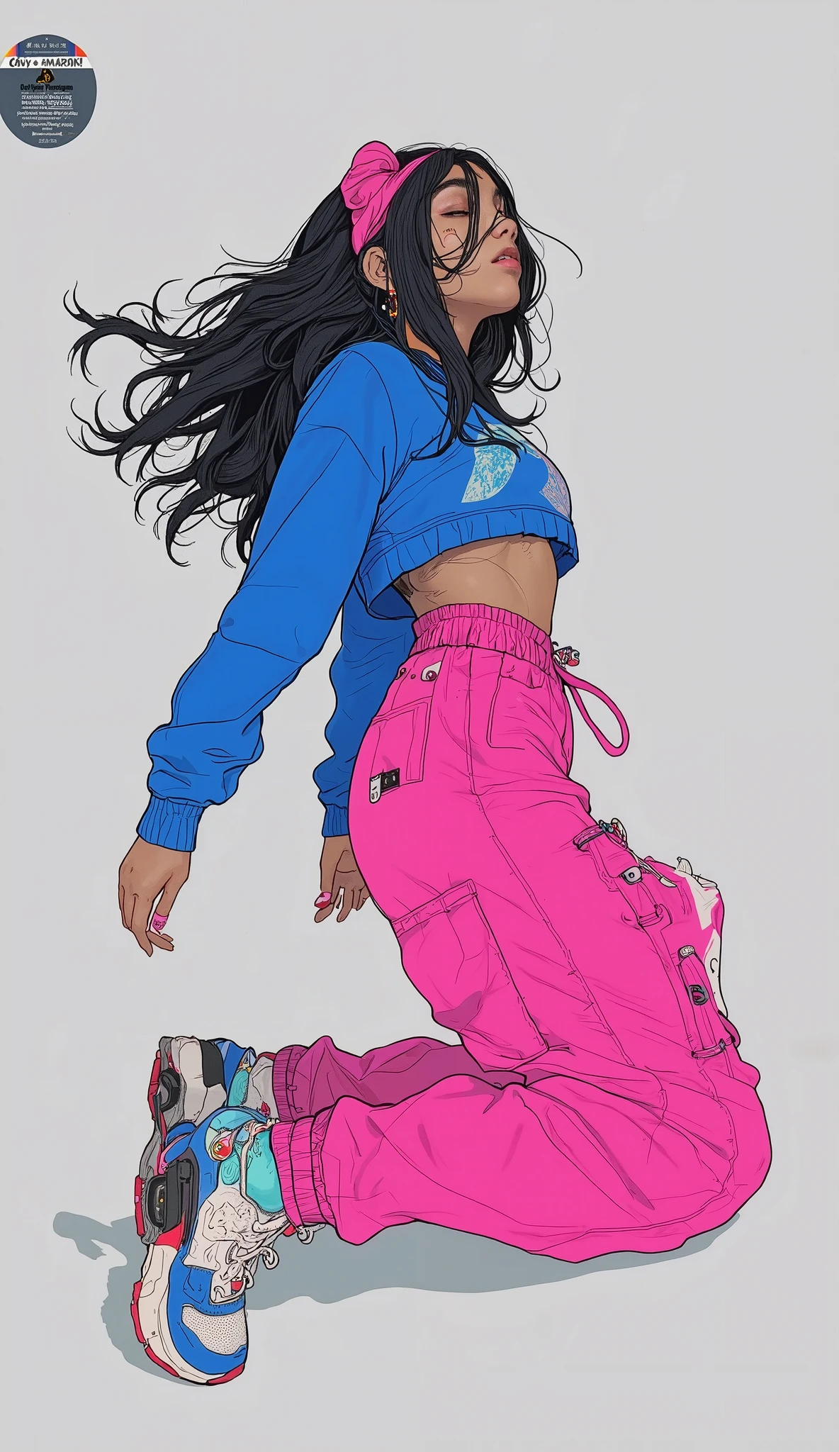 she chose, pop colors and contrasts. Her Long, The cascade of black hair around、enhances the morbid atmosphere。, hanging in the air, suggests. movements、movement and energy {x} She wears a bright pink sweatband to match her pants {x} wears bright pink harem pants that accentuate her dynamic poses and colorful attire {x} She wears a stylish ensemble Long sleeve and loose royal blue cropped top, and. Subtle copyright statement by the bright, The overall mood is a free and joyful expression A woman who captures the flowing elegance of. The bright and bold colors, shows pure exhilaration on the face. background is simple, light gray, is multicolored Sneakers complement bold looks. has bright, even lighting, cast a soft shadow on the ground, she chose. Her elegant body is arched backwards. A subtle copyright notice by "ayakovlev.com" is visible in the lower right corner.