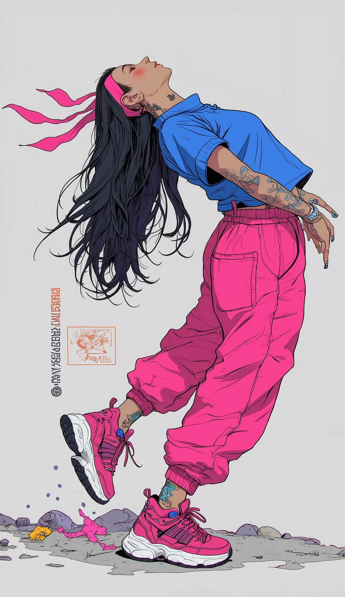 she chose, pop colors and contrasts. Her Long,  The cascade of black hair around、enhances the morbid atmosphere。, hanging in the air, suggests. movements、movement and energy {x} She wears a bright pink sweatband to match her pants {x} wears bright pink harem pants that accentuate her dynamic poses and colorful attire {x} She wears a stylish ensemble Long sleeve and loose royal blue cropped top, and. Subtle copyright statement by the bright, The overall mood is a free and joyful expression A woman who captures the flowing elegance of. The bright and bold colors, shows pure exhilaration on the face. background is simple,  light gray, is multicolored Sneakers complement bold looks. has bright, even lighting, cast a soft shadow on the ground, she chose. Her elegant body is arched backwards. A subtle copyright notice by "ayakovlev.com" is visible in the lower right corner.