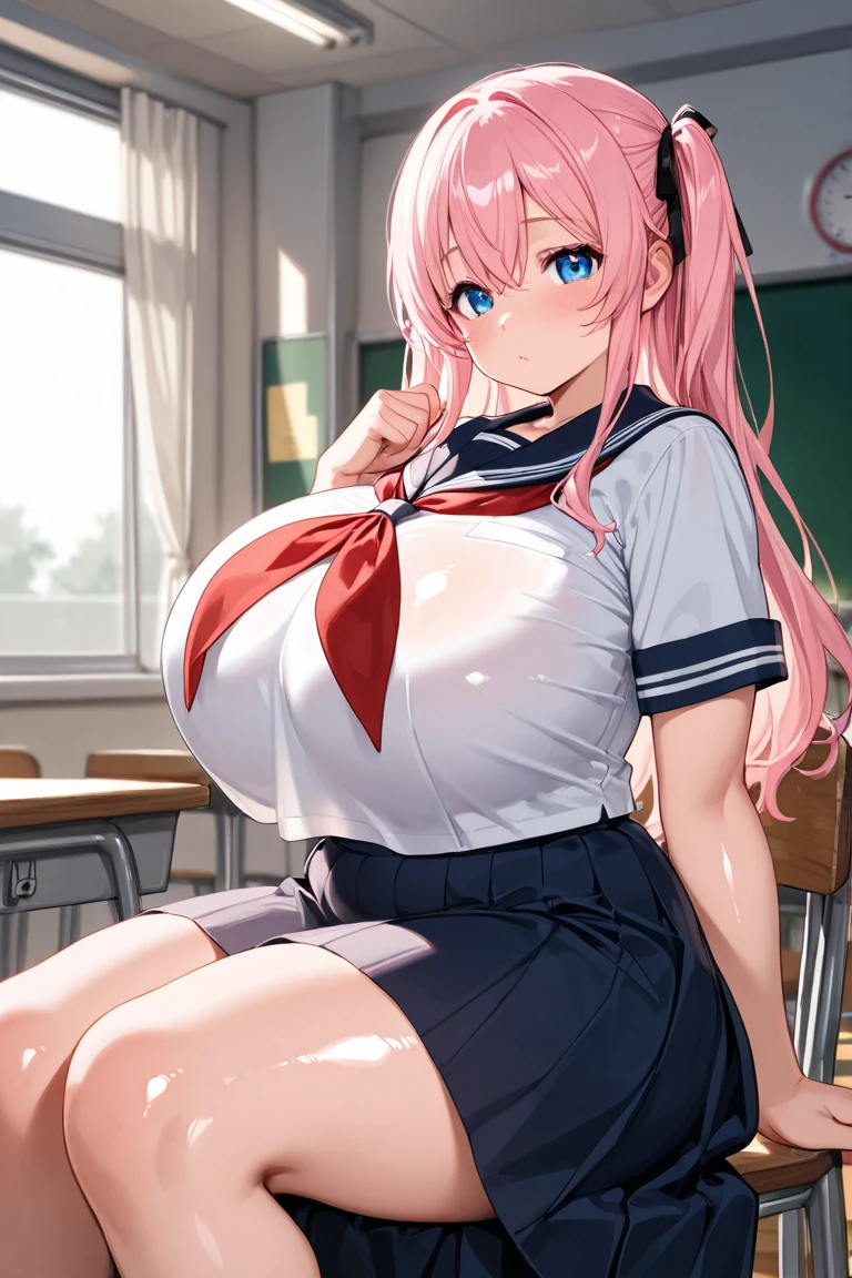 1 girl,21 years old,cosplay,(sailor unifrom,white short sleeve shirt,navy collar,red scarf),pink long curly hair,bangs,ahoge,detailed beautiful sparkling green eyes,(huge breasts,saggy breasts:1.3),in classroom,desk,sit,blurred background,ultra detailed beautiful face,(fucked silly,ahegao,steam,sweat),beautiful lighting,high resolution,(((spread legs,m legs))),(((navy short pleated skirt))),(showoff nipples),(nsfw:1.4),(((orgasm,trembling))),(((show off pussy))),(((spread vaginal hole))),(close up pussy,detailed perfect pussy,cum over flow),(((spread uterus))),