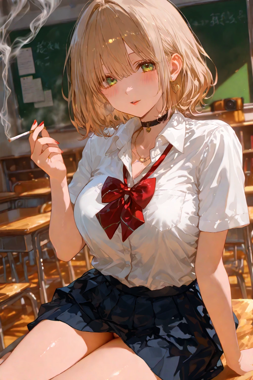 1girl, indoors, shirt, breasts, navel, tied shirt, solo, jewelry, skirt, bracelet, red eyes, blonde hair, short hair, smile, looking at viewer, red skirt, large breasts, plaid skirt, open mouth, wet, plaid, dark-skinned female, wet shirt, dark skin, necklace, wet clothes, bangs, white shirt, cleavage, collared shirt, gyaru, window, :d, blush, hair between eyes, desk, classroom, earrings, pleated skirt, hand on hip, standing, collarbone, stomach, chair, see-through, midriff, miniskirt, shiny skin, school desk, hand up, cowboy shot, , thighs, teeth, school chair, day, groin, contrapposto, shiny, ear piercing, piercing, ass visible through thighs, no bra, dress shirt, sleeves rolled up, bead bracelet, stud earrings, long sleeves, tan, front-tie top, upper teeth only, see-through shirt, crop top, bangle, nail polish, fingernails, hand in own hair, sunlight, kogal, star (symbol), covered nipples, tiles, backlighting, wing collar, pendant, sweat, medium hair, beads, short sleeves, curtains, multiple earrings, wristband, open shirt, tile floor, no panties, open clothes, hair intakes, table, long fingernails, unbuttoned, cross necklace, heart necklace, lower teeth only, partially unbuttoned, microskirt, feet out of frame, simple background, cross, crossed bangs, chalkboard, star earrings, lowleg, bob cut, eyelashes, signature, medium breasts, legs apart, sidelocks, mole, navel piercing, tree, artist name, shiny hair, unbuttoned shirt, white background, ceiling, school, wet hair, arm up, hair tucking, bare legs, pink nails, no humans, sitting, hoop earrings, heart, buttons, skindentation, round teeth, white nails, long hair, red nails, Uniform distribution, see-through silhouette, socks, evening, fang, shadow, mole on breast, water, hand to head, sleeves past elbows, tongue, holding, nipples, pearl bracelet, glint,