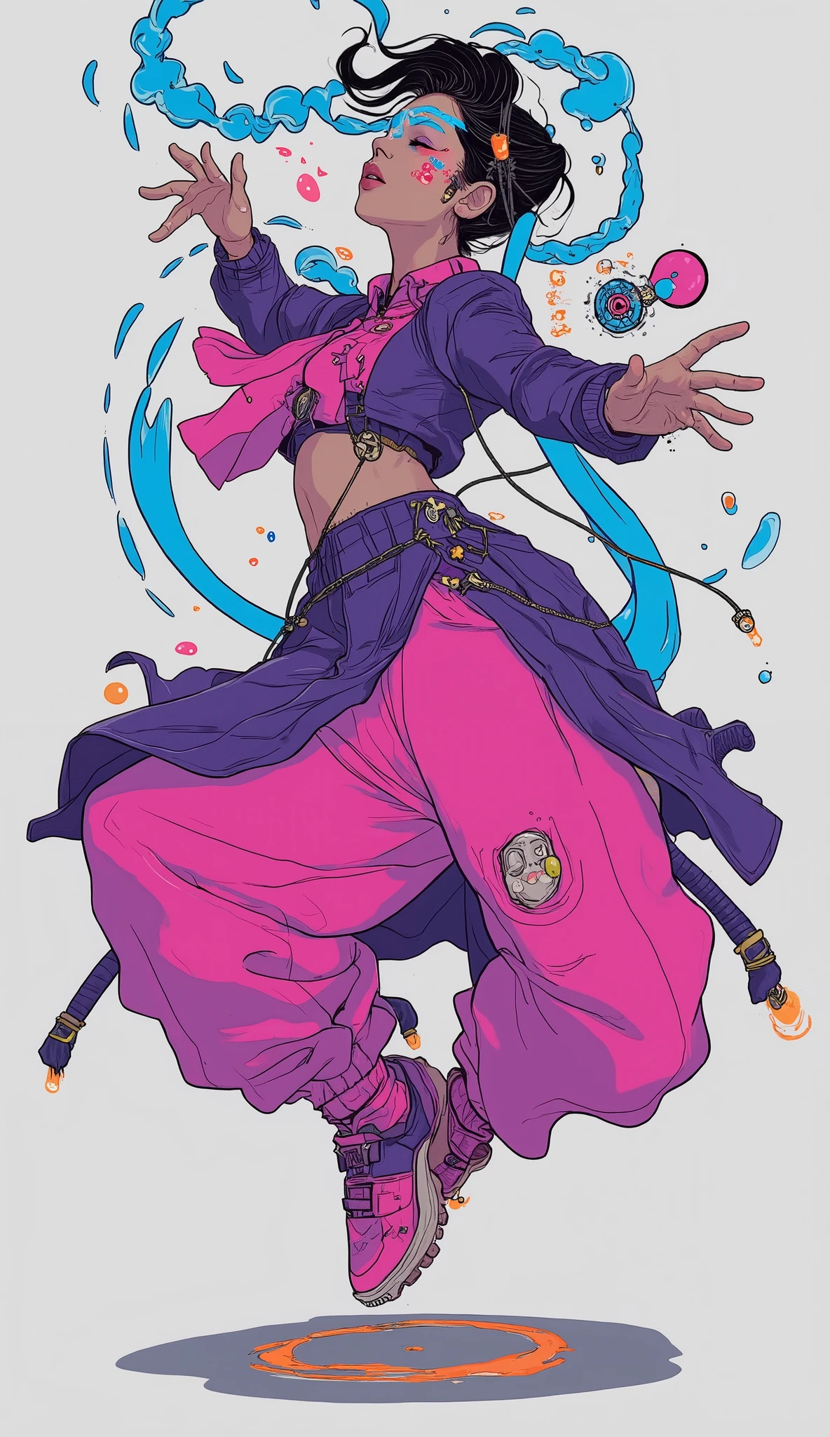 A carafe dancer in a purple costume and pink pants is doing a trick, Dynamic Dance Poses, dancer's playful pose, dynamic dance photography, Desperate dancing pose, modern dance, Female dancer, modern dance poses,  ELEGANT BELLY DANCE POSES , Dynamic movement poses, she's dancing,  Dancing Characters , , modern dance aesthetics, in a beautiful ballet costume、beautiful hands、anatomically correct、