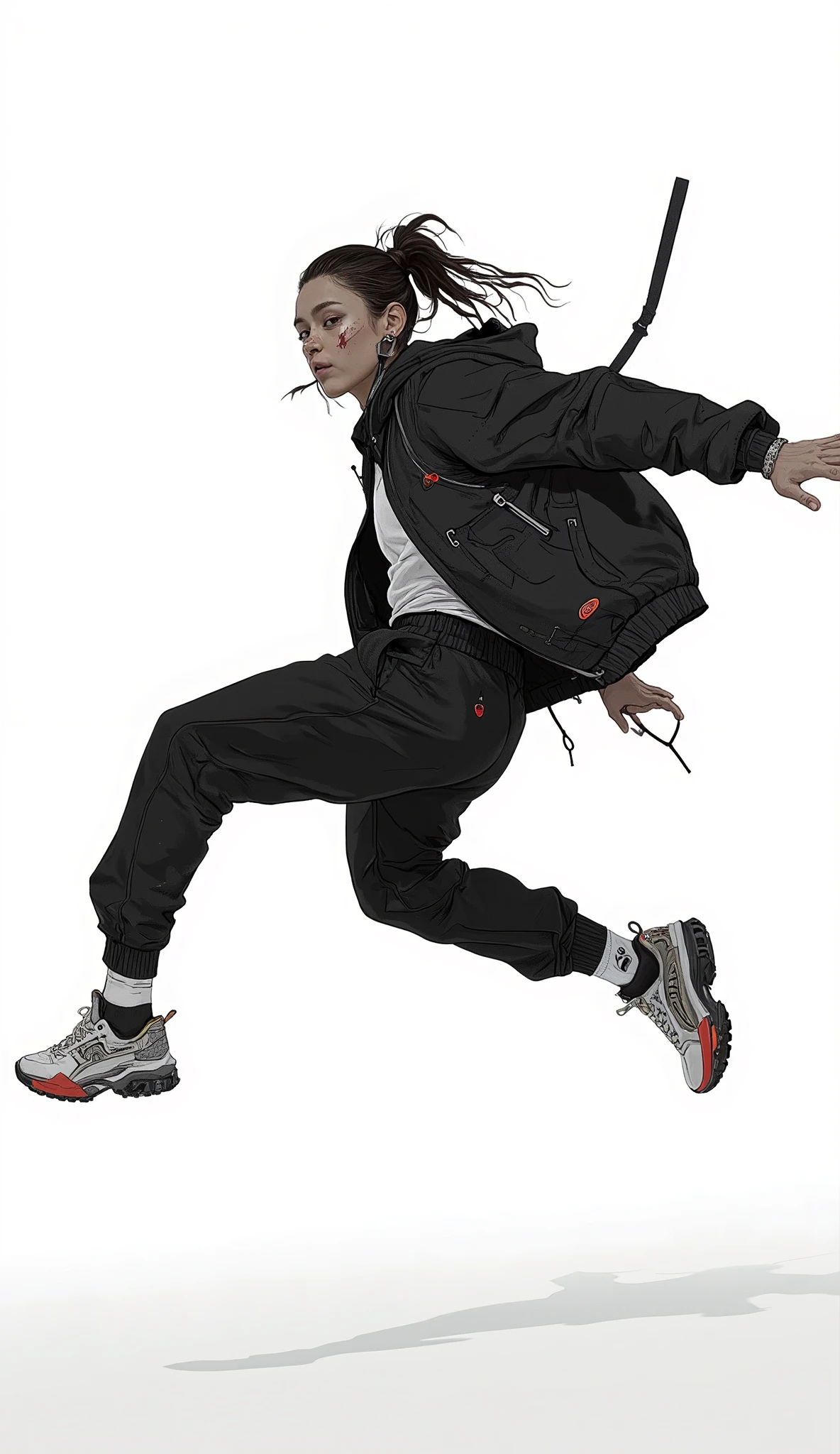 focuses only on the subject's physical shape and clothing There is a、dressed in full-body black sportswear. personal, emphasizes moments of vitality and physical expression, character sneakers, accentuated gestures in thick soled shoes. dynamic image of a person captured in the air during dance or movement, hoodies and loose pants. includes, It looks like he is leaping or spinning with his right arm extended in, conveys a strong sense of movement and energy. has bright, even lighting, eliminate shadows with thick soled shoes、suggests an emphasis on performance and comfort. The overall composition、emphasizes smoothness of movement and agility.