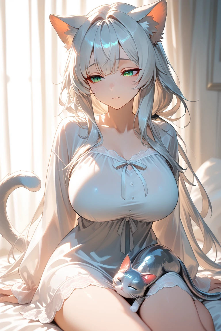 (masterpiece, best quality:1.2), extremely detailed, soft ambient lighting, sharp focus, 4K, BREAK <lora:mmvillager_128dim_nai:1>, <lora:(Concept) Age Slider:-1>, <lora:hair_over_one_eye:1>, <lora:tareme:1>, 1girl, large breasts, long white hair, blue eyes, big white cat ears, cat tail, long white dress, gentle smile, tareme, hair over one eye