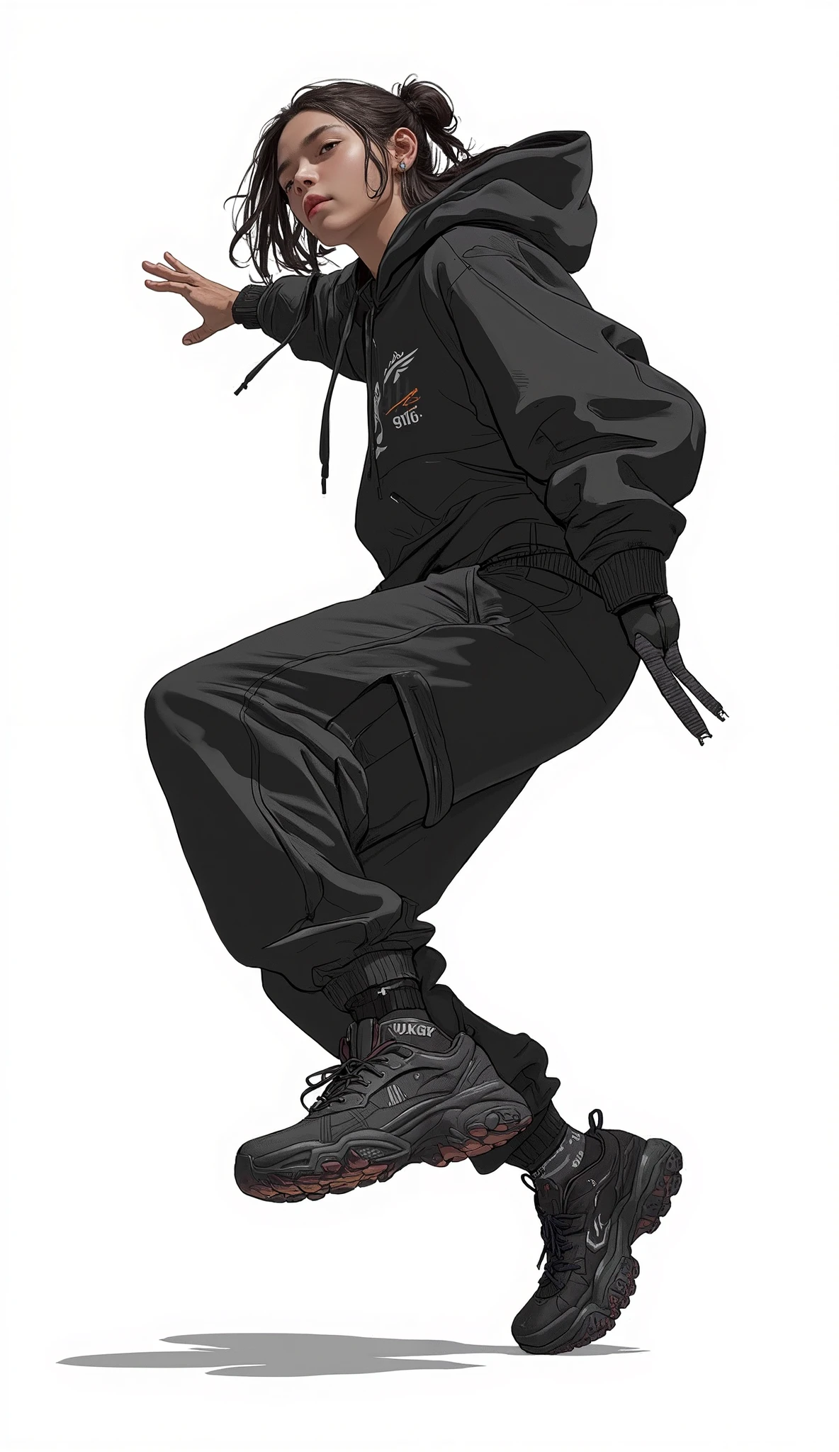focuses only on the subject's physical shape and clothing There is a、dressed in full-body black sportswear. personal, emphasizes moments of vitality and physical expression, character sneakers, accentuated gestures in thick soled shoes. dynamic image of a person captured in the air during dance or movement, hoodies and loose pants. includes, It looks like he is leaping or spinning with his right arm extended in, conveys a strong sense of movement and energy. has bright, even lighting, eliminate shadows with thick soled shoes、suggests an emphasis on performance and comfort. The overall composition、emphasizes smoothness of movement and agility.