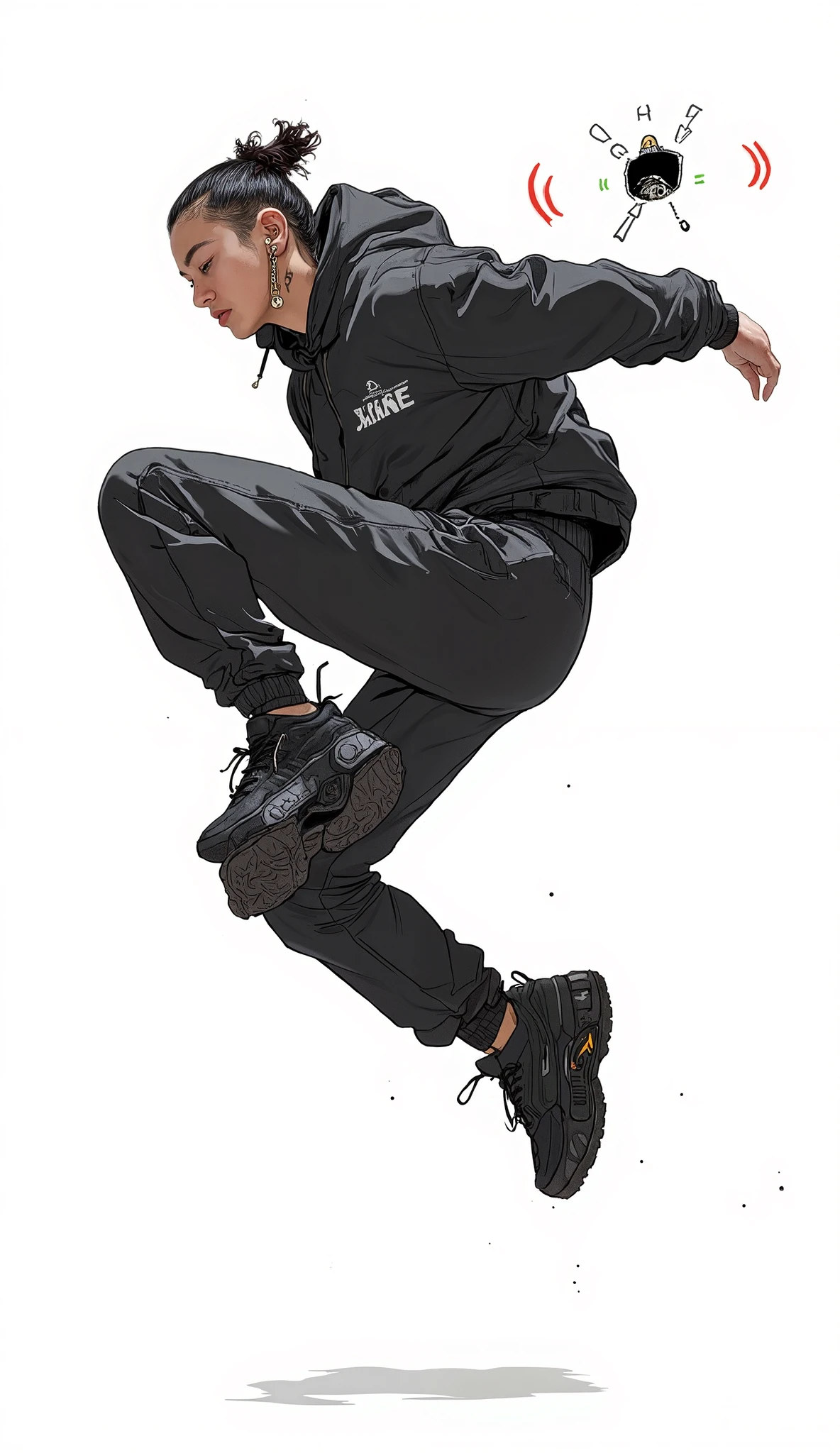 focuses only on the subject's physical shape and clothing There is a、dressed in full-body black sportswear. personal, emphasizes moments of vitality and physical expression, character sneakers, accentuated gestures in thick soled shoes. dynamic image of a person captured in the air during dance or movement, hoodies and loose pants. includes, It looks like he is leaping or spinning with his right arm extended in, conveys a strong sense of movement and energy. has bright, even lighting, eliminate shadows with thick soled shoes、suggests an emphasis on performance and comfort. The overall composition、emphasizes smoothness of movement and agility.