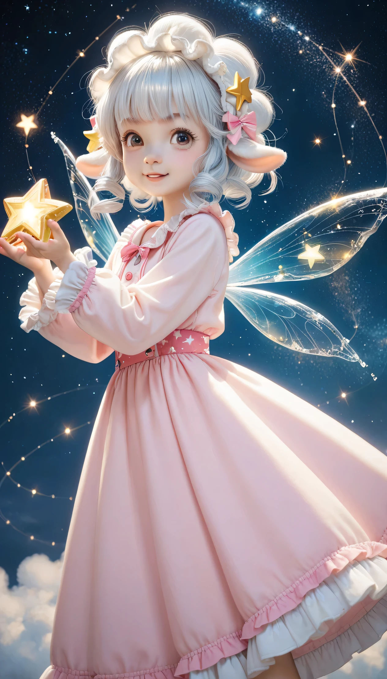 Pajama Magical Girl、 waist frill 、(((I have a star and a dream stick:1.5)))、Starry Sky Stage、I'll show you a good dream、(((Sheep fairy:1.4)))、Pajama-style magical dress featuring the constellation Mobile