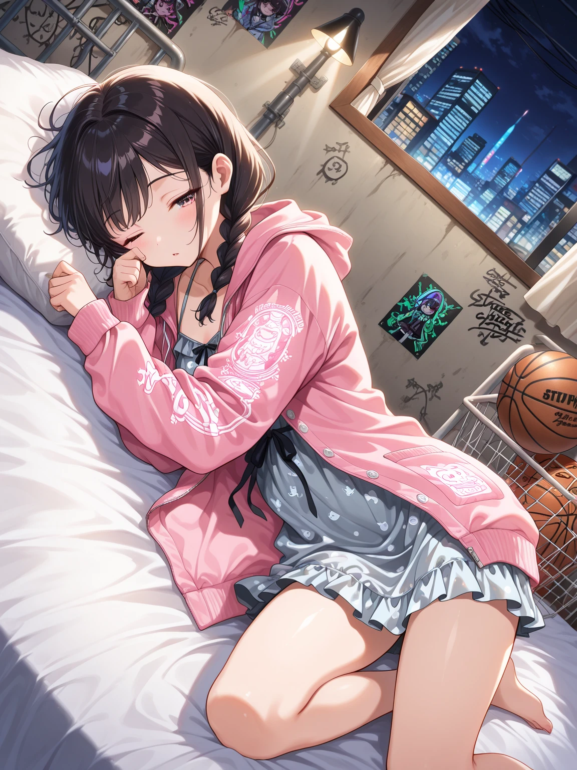 absurdres, RAW photo, extremely delicate and beautiful, masterpiece, Best Quality, ultra high resolution, 32k, hyperrealistic, ultra-detailed, Very detailed CG 8k wallpaper, Beautiful Lighting, Perfect Lightning, Realistic Shadows, perfect anatomy, super Detailed skin, Japanese woman, late 20s, very Slim body, narrow waist, very small head, handsome detailed woman, very detailed eyes and face, realistic face proportions, Stunning detailed eyes, Realistic beautiful face, very small face, Realistic small beautiful eyes, tearful mole, earring, beautiful and very thin legs, beautiful and very thin thighs, very huge round breasts, medium hair, black hair, full body shot, (volleyball uniform:1.2), (shorts), bed,