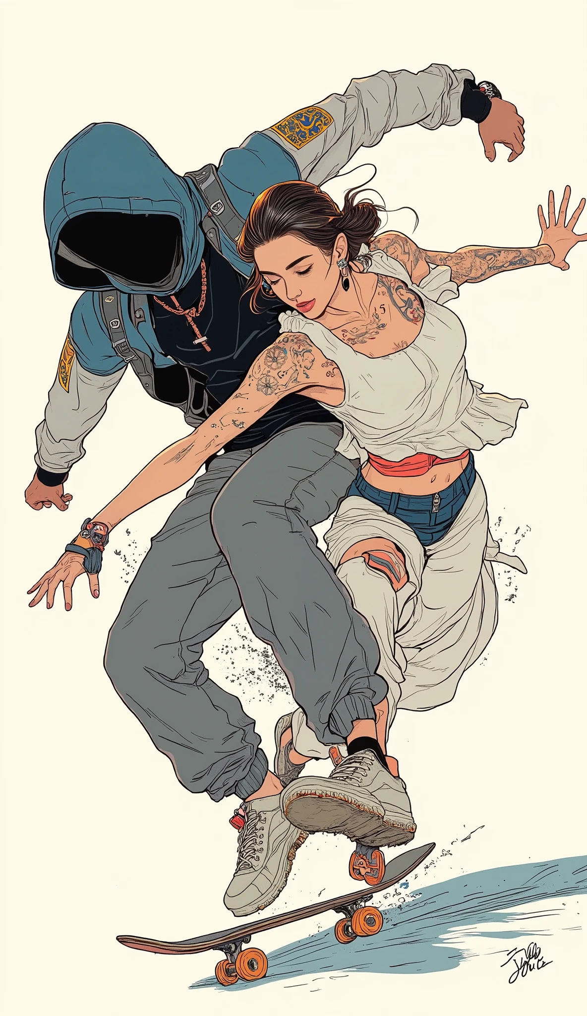 A man with a black hood is doing tricks on a skateboard, Dynamic Dance Poses, Calafwoman posing with classical dancer, He's dancing , dancer's playful pose, man standing in defensive pose , Desperate dancing pose, very artistic pose,  dramatic powerful pose , perfect dynamic pose , Portrait of a combat dancer , Best in Adobe Stock, In action pose, Dynamic movement poses、beautiful hands、Anatomically correct、