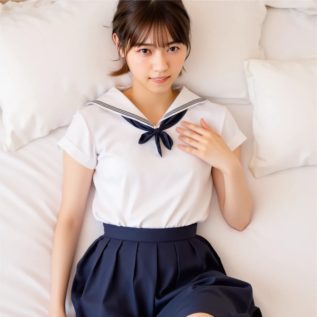 One Girl, short hair,Black Hair,smile,Inside the room, summer,bed,Sit down,Middle School１Grade,Sailor suit,Down to the feet,Look at this,transparent, (masterpiece, Highest quality), Soft Light, Structure of the film, Information like a movie

