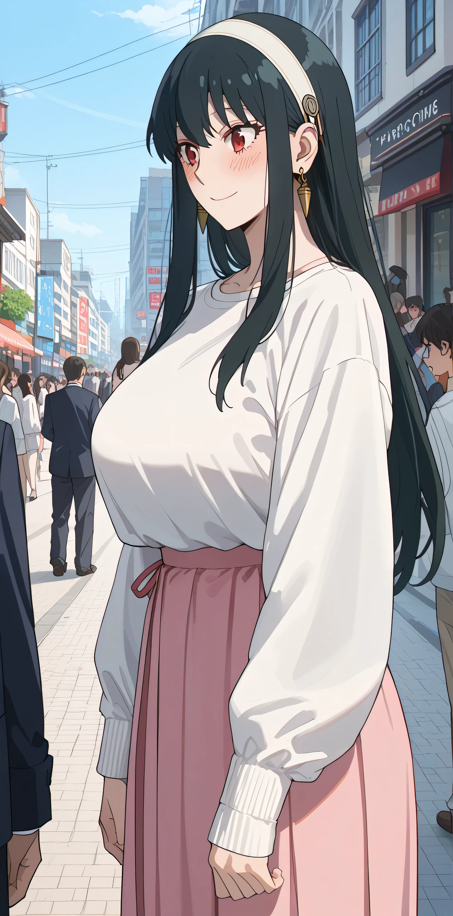 tall girl , for girls, yor briar, black hair, red eyes, earrings, white hairband, hairband, long hair, sidelocks, Fraction_9, Fraction_8_up, Fraction_7_up, source_Japanese cartoon, masterpiece,The best quality, huge breasts, gorgeous restoration, Black Tubular Top , FOR GIRLS, Umbilical cord, watching viewers, Standing in the Middle of a Crowd , late at night city background, blush, Awkward, Smile, [sock, Loose [sock,