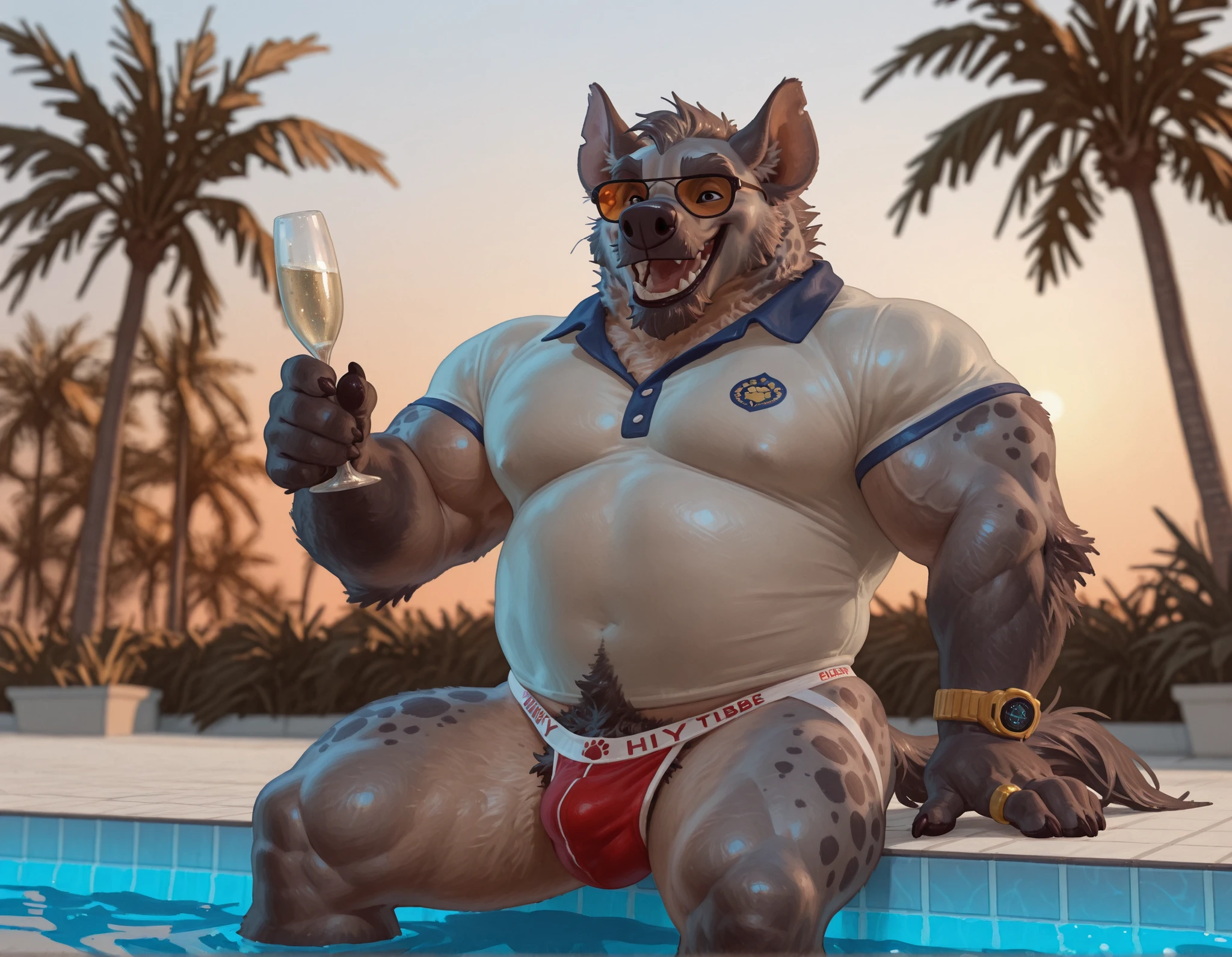 By Taran Fiddler, by Anhes, by Forge, by Inax (bebebebe), Hyena, anthro, male, manly, mature male, old, elderly male, grey beard, grey facial hair, scruffy grey facial hair, grey body hair, thick thighs, wide hips, bushy grey eyebrows, thick eyebrows, glasses, detailed expression, laughing, old face, old man; wide shoulder, thick arms, wide pectoral, moobs, massive moobs, musclegut, tail, messy fur:1 . 2 , one watch, wrist watch, pubes, pubic hair, paws, paw pads, claws, party, furry background characters, jockstrap, bottomless, polo shirt, sunglasses, gold ring, sitting, holding champagne, poolside, palm trees in background, blurred background,  cinematic, dramatic, dreamy, golden hour, hazy light, fuzzy light, vintage color, grainy filter, Asymmetrical pose, asymmetrical background, asymmetrical view, cinematic, dramatic, dreamy, golden hour, hazy light, fuzzy light, vintage color, grainy filter, looking away