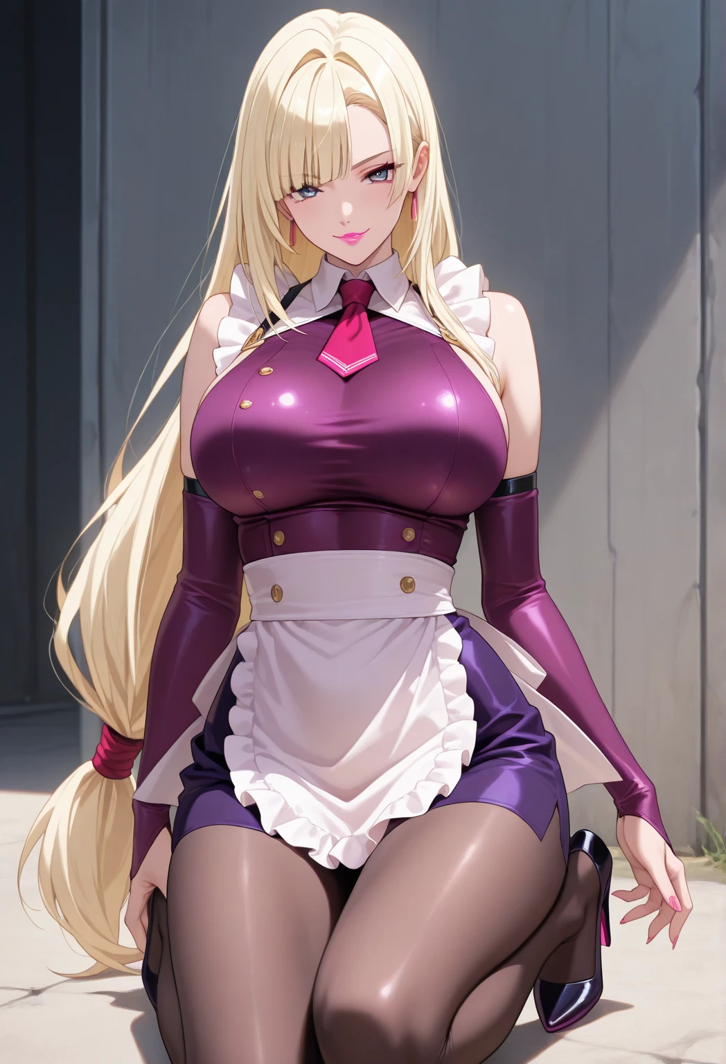 1girl enormous massive breasts , cute, ((Short black hair girl and long blonde hair girl)), maid victorian, maid apron, straight face, dazed, Body position: Standing, straight, symmetrical, barefoot, Lustful smile on face with red blush,