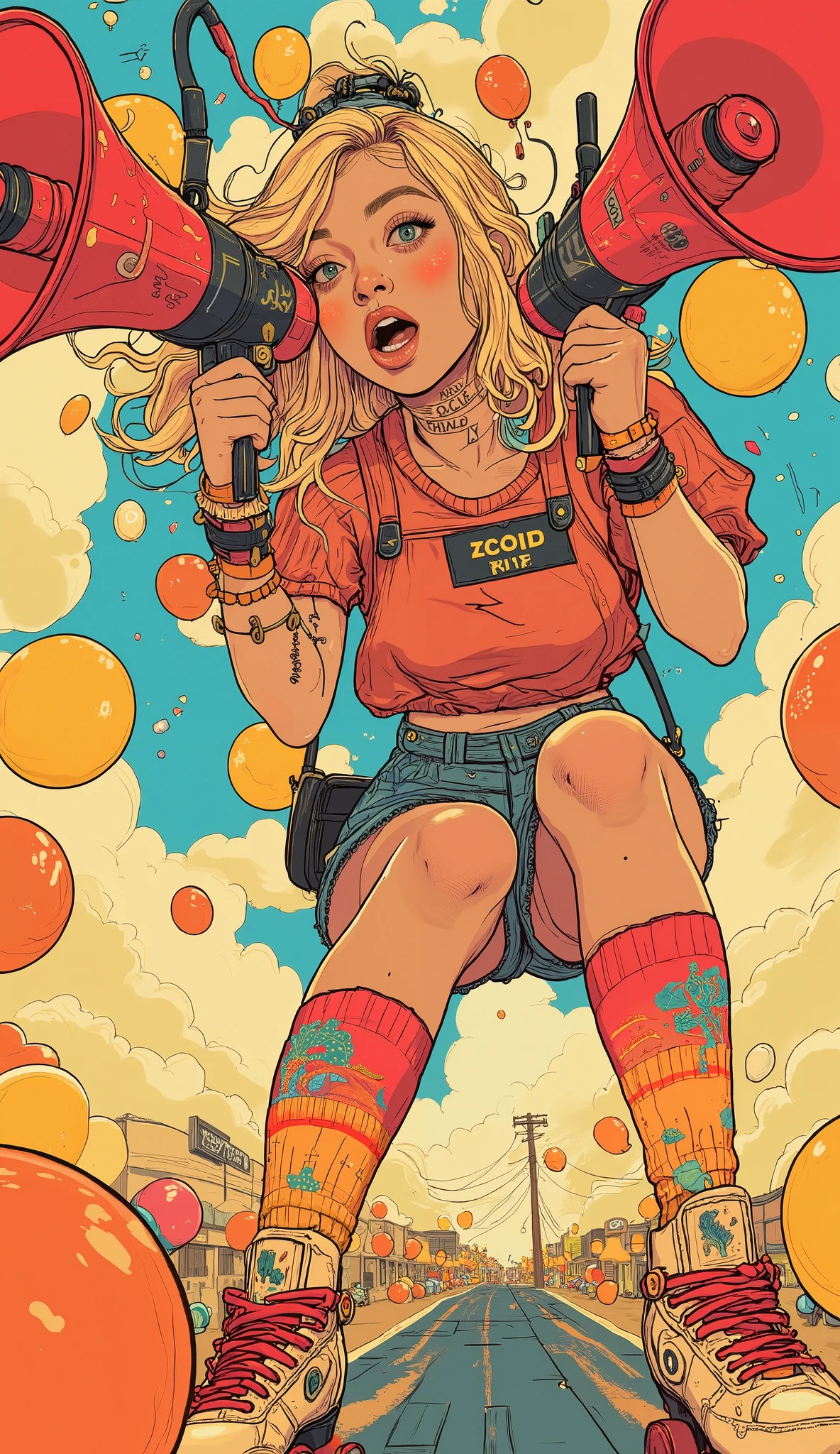 knee-length socks decorated with, A woman in roller skating reminiscent of a vibrant sport {x} captures a lively and energetic stance. is a vibrant color combination: a red and Orange on Back top paired with a short, stripes The Freeley Cart. She is surrounded by colorful balloons such as yellow, Orange on Back, and cream-colored stripes, and complement roller skates, Grasp、bright red shoelaces. wavy blond hair flowing down, Add movement to an image. In her hands, large red and black red and black megaphones, with a military style hat and long, Vocal presence. bracelets surround the wrist, character. , and her outfit is a dynamic illustration depicting, exudes enthusiasm and playful energy, festival scene with、highlights her lively figure。{x} cartoon-style shadows and contours、that highlights the vitality and spirit of the bold.beautiful hands、anatomically correct、