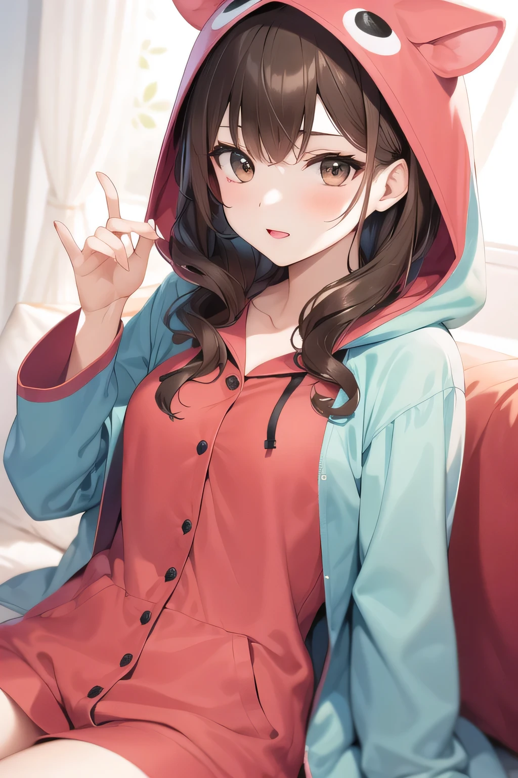 brown hair，Woman with wavy hair，Can you draw a woman in animal pajamas with a hood,I'm sitting on my bed in my room,Please draw a more delicate expression,Hands and feet of a woman with a cute smile、The expression of an attractive 20-year-old woman，Adorable Smiling Woman ，short hair，，Full color CG,don't crop your face，